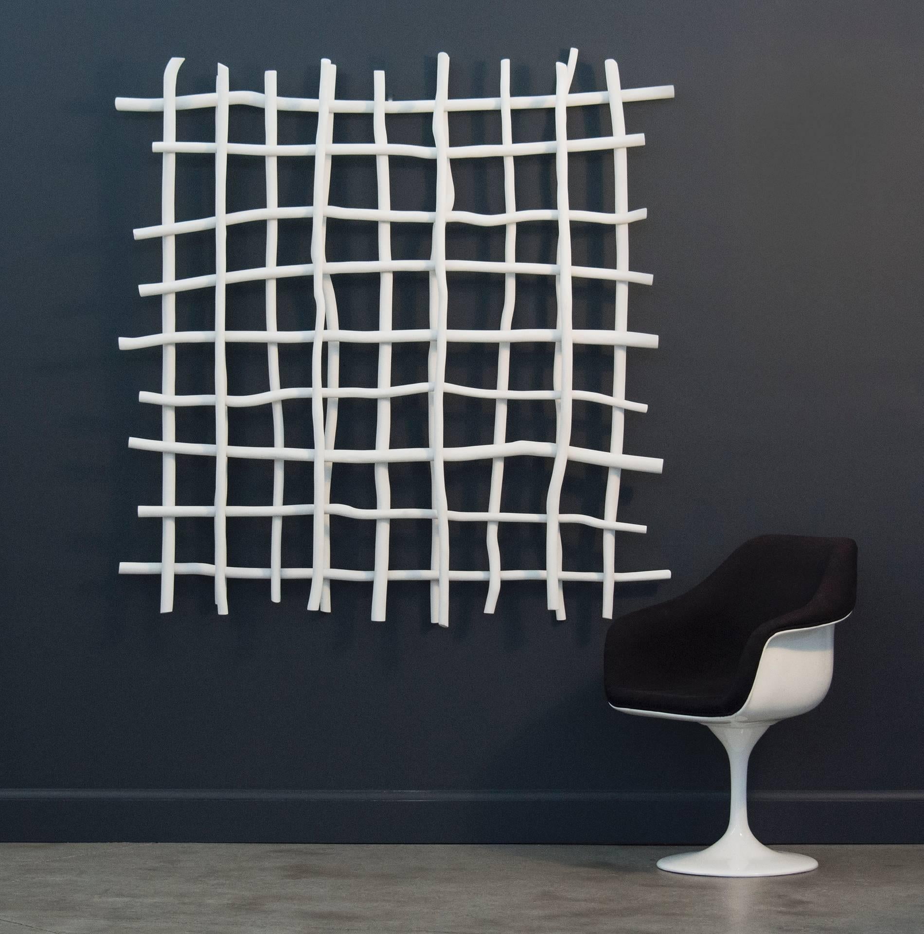 Gridlock II - bright, white, intersecting, grid, bent aluminum wall sculpture - Abstract Sculpture by Shayne Dark
