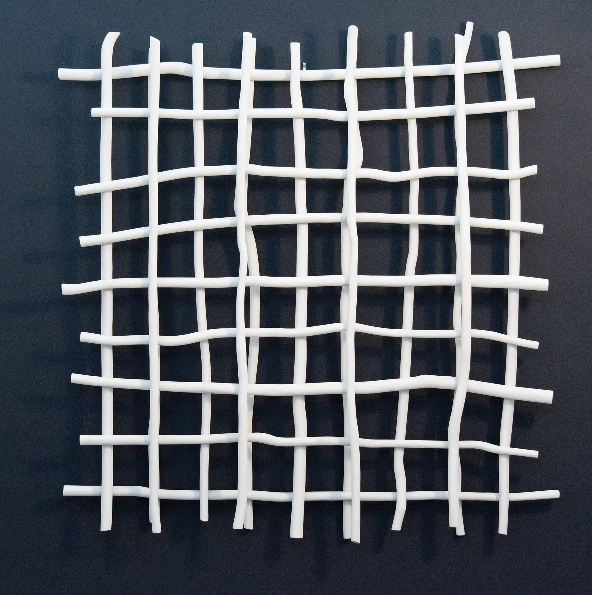 Gridlock II - bright, white, intersecting, grid, bent aluminum wall sculpture - Sculpture by Shayne Dark