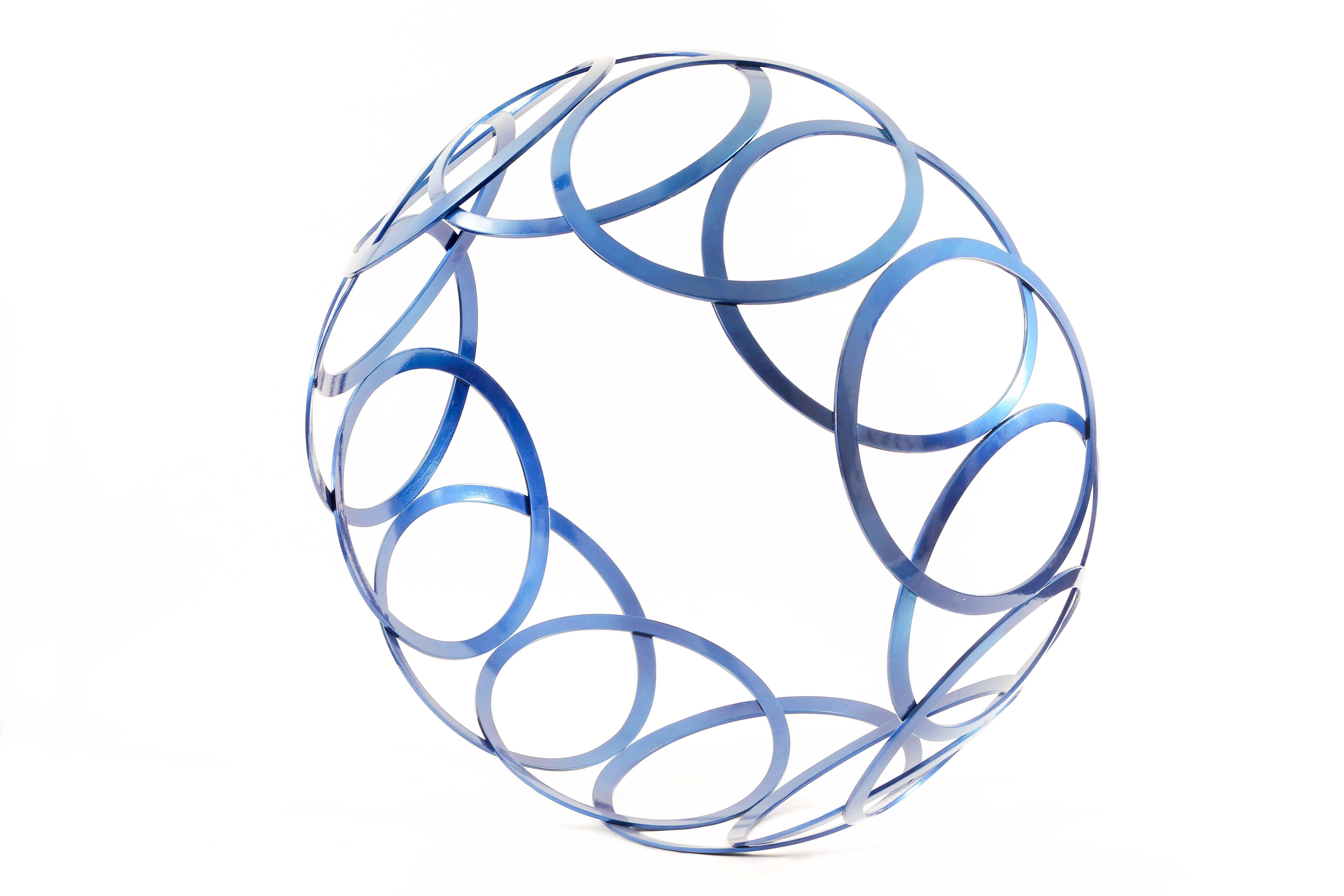 Circular Motion - large, bright blue, geometric abstract, coated steel sculpture - Sculpture by Shayne Dark