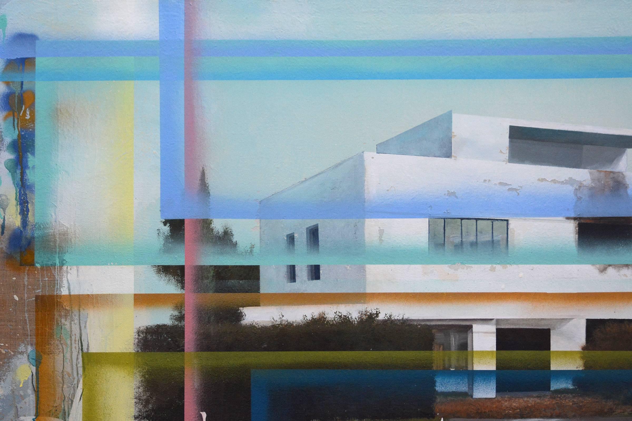 Bauhaus No 02 - large, blue, green, architecture, deconstruction, mixed media - Contemporary Painting by Peter Hoffer