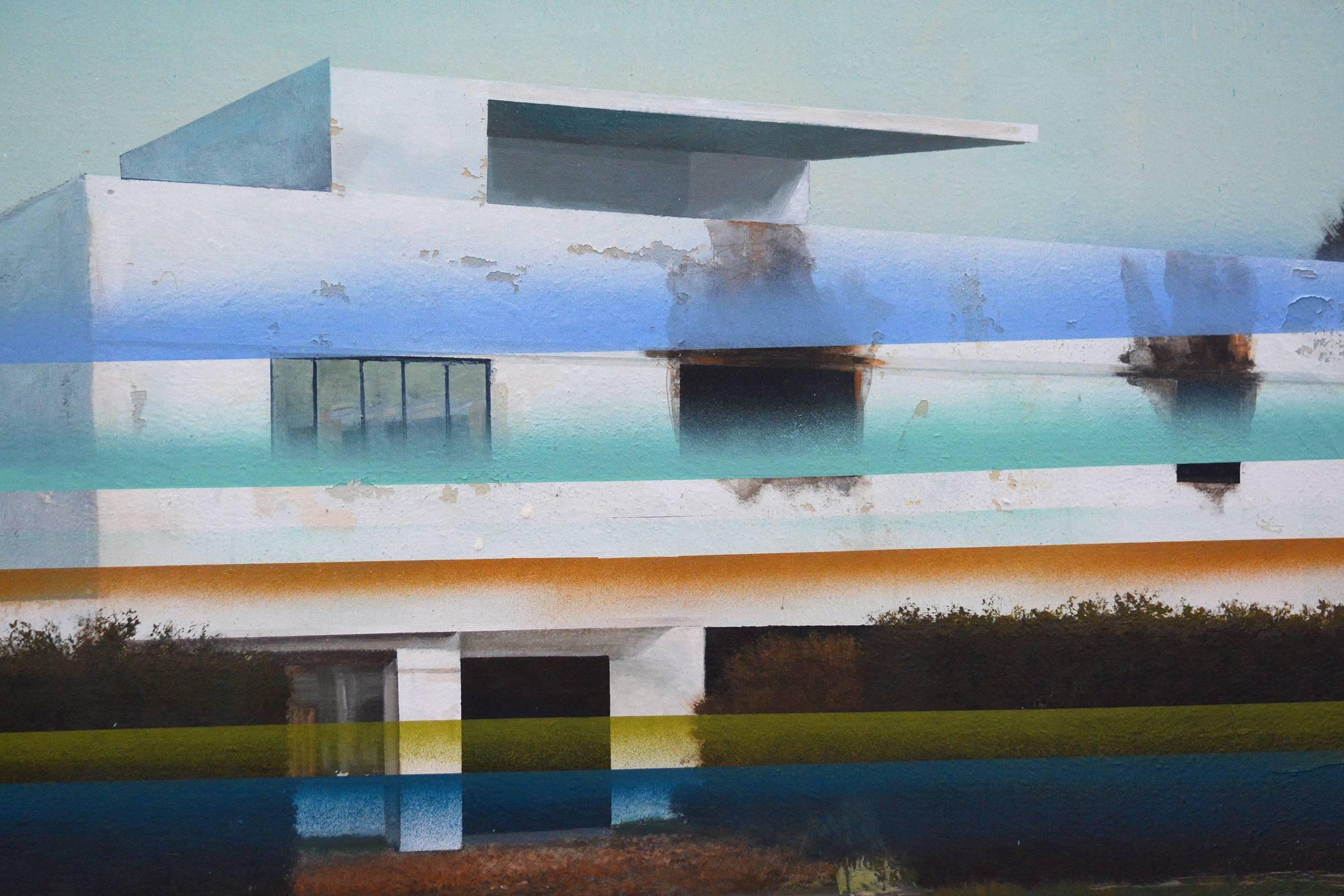 Bauhaus No 02 - large, blue, green, architecture, deconstruction, mixed media - Gray Landscape Painting by Peter Hoffer