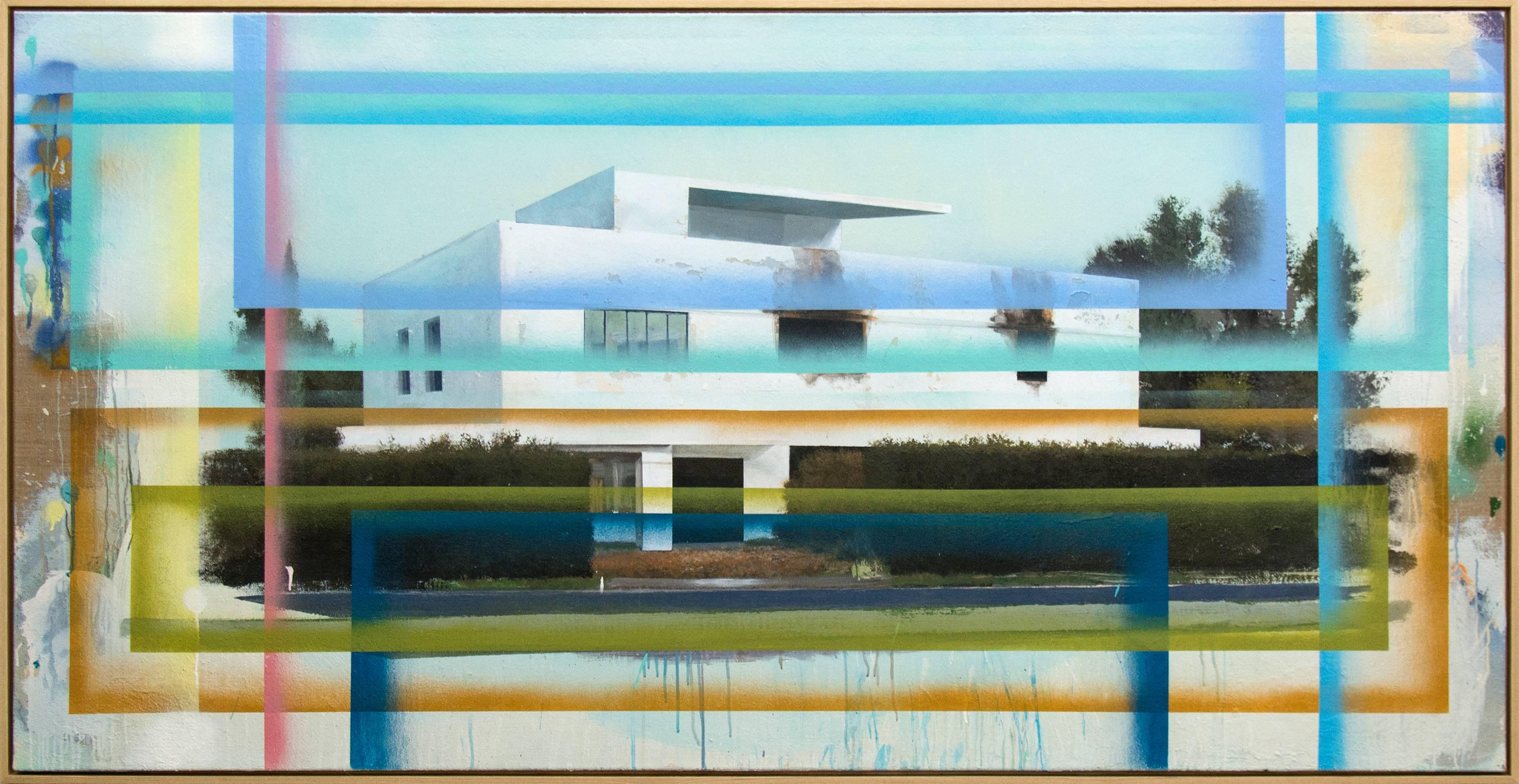 Bauhaus No 02 - grande, azul, verde, arquitectura, deconstrucción, técnica mixta