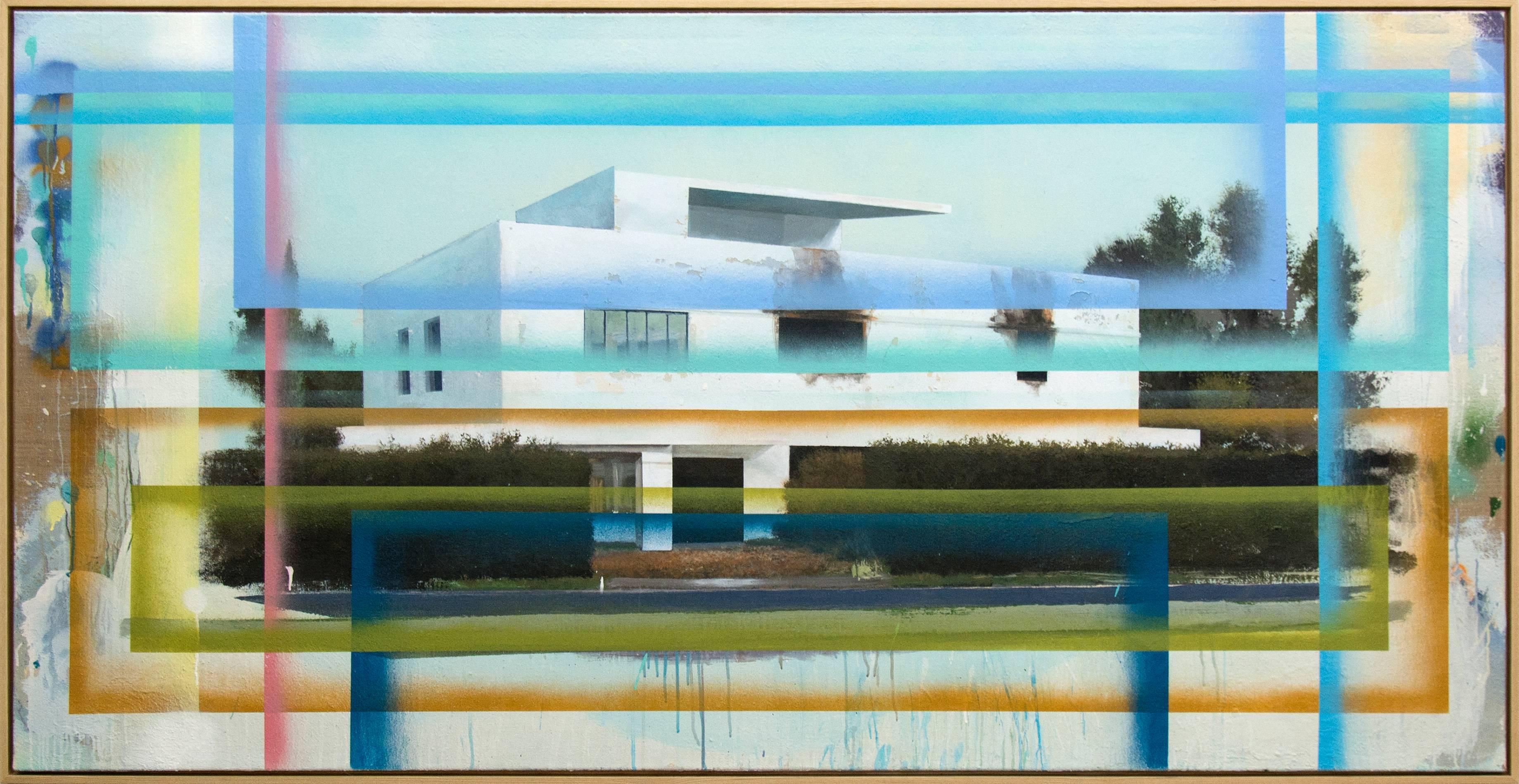 Peter Hoffer Landscape Painting - Bauhaus No 02 - large, blue, green, architecture, deconstruction, mixed media