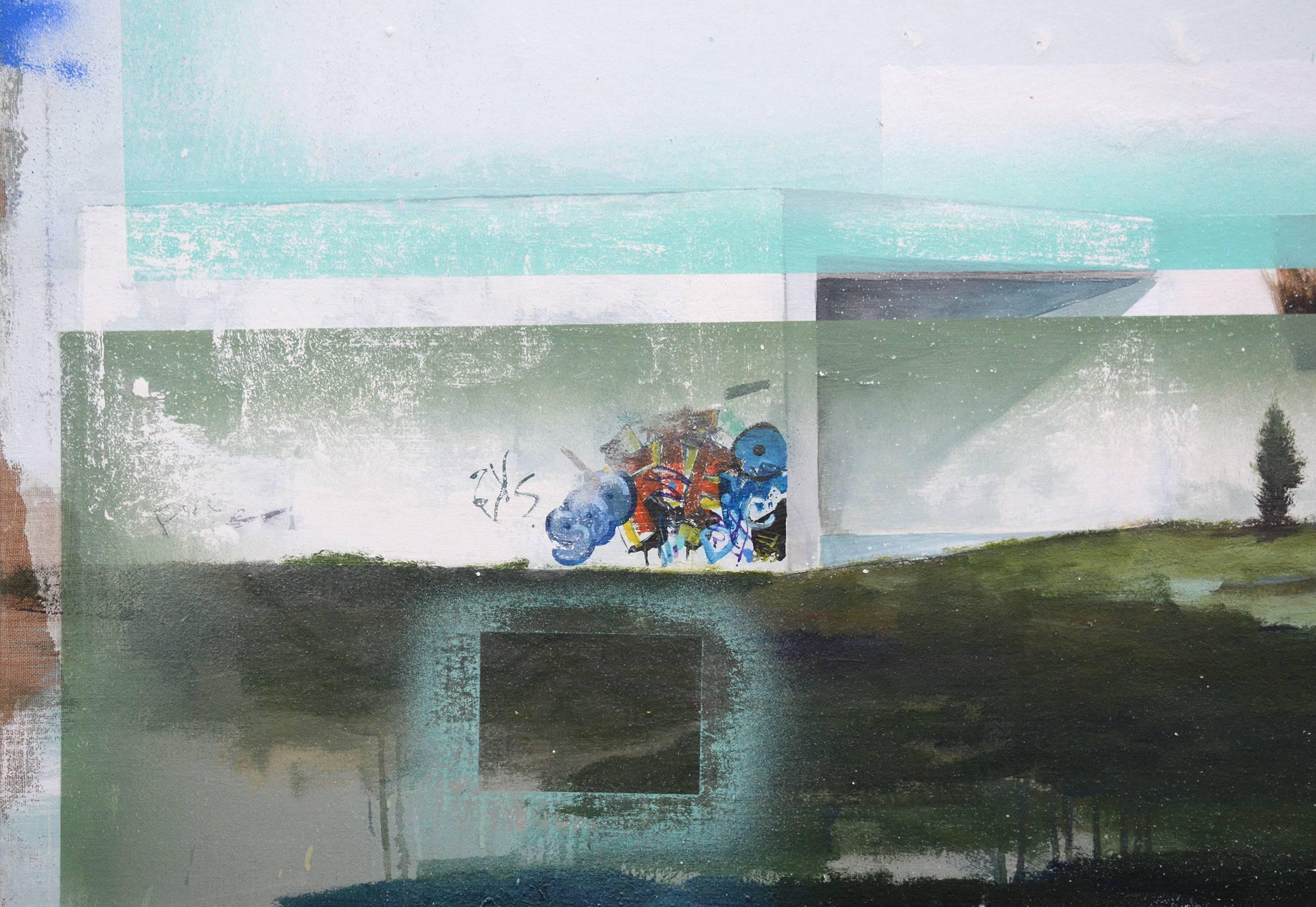 Illuminati - groß, blau, Architektur, abstrakte Landschaft, Mischtechniken auf Leinen (Grau), Abstract Painting, von Peter Hoffer