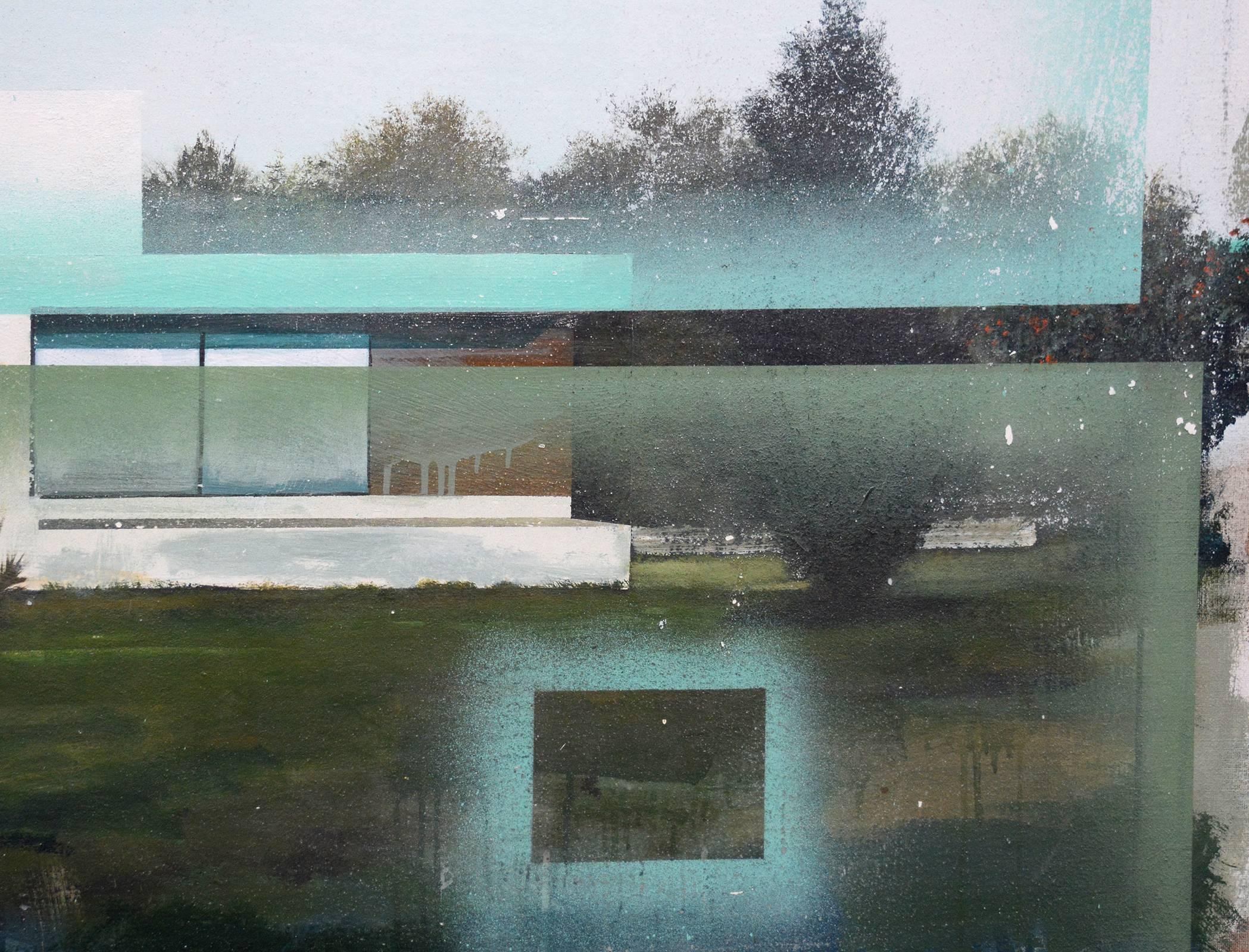 Los paisajes de Peter Hoffer tienen un pie en el realismo clásico y otro en la deconstrucción. Esta obra, creada con silicato de arcilla y pigmento sobre lino, yuxtapone la arquitectura de la Bauhaus con gestos de pintura en aerosol similares a los
