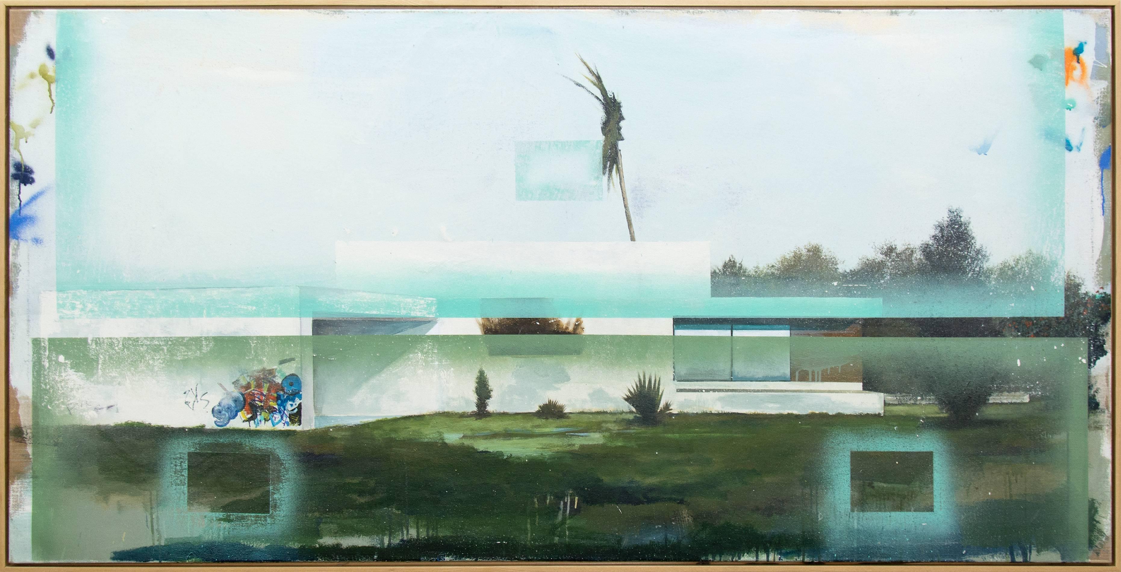 Abstract Painting de Peter Hoffer - Illuminati - grande, azul, arquitectura, paisaje abstracto técnica mixta sobre lino