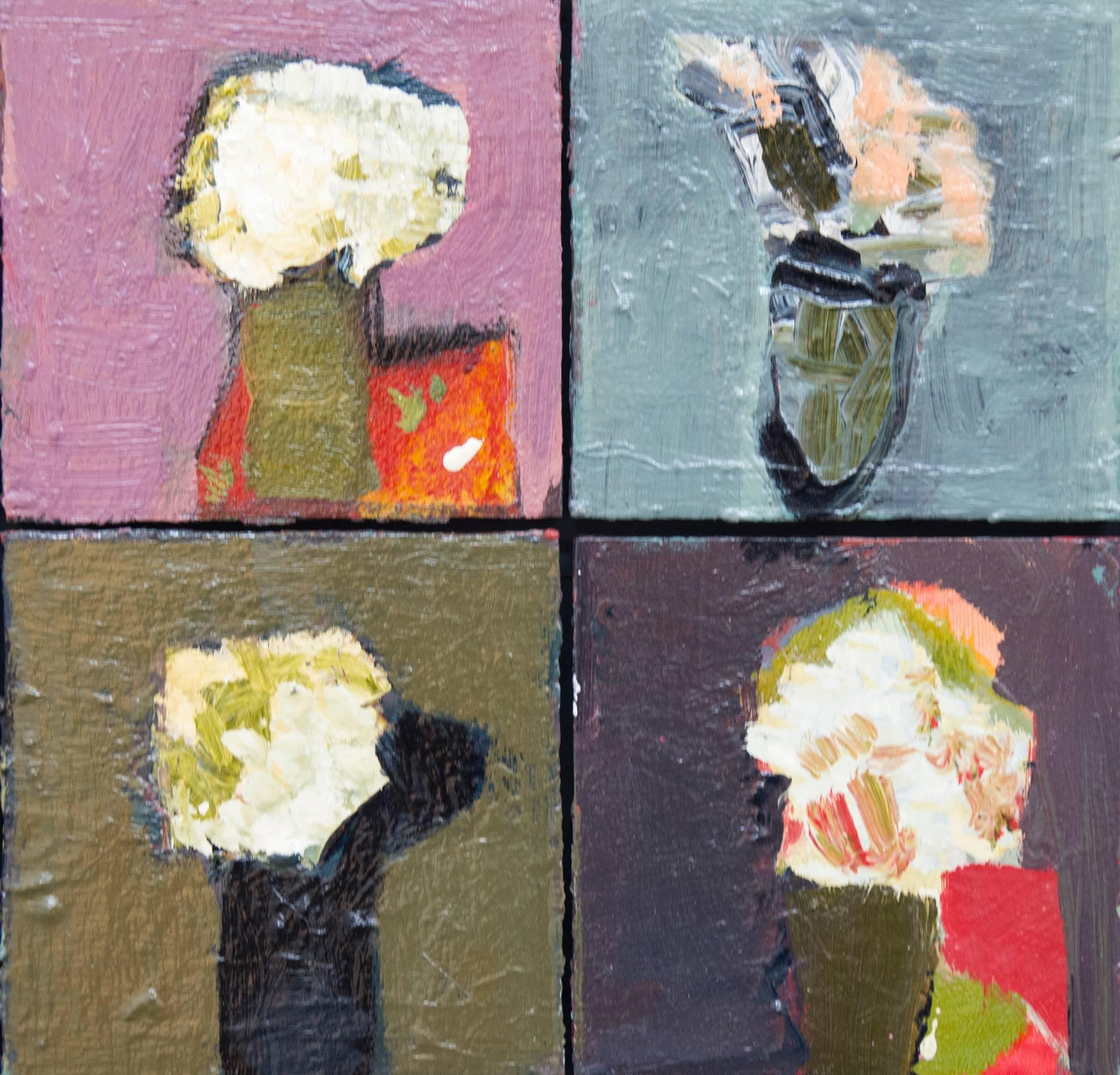 Mosaico en verde y blanco - hileras de pequeños bodegones florales de colores al óleo - Painting de Jennifer Hornyak