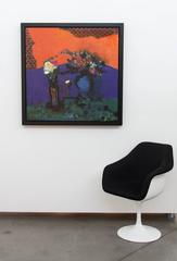 Flowers with Violets and Little Squares - orange, blue, green still life oil