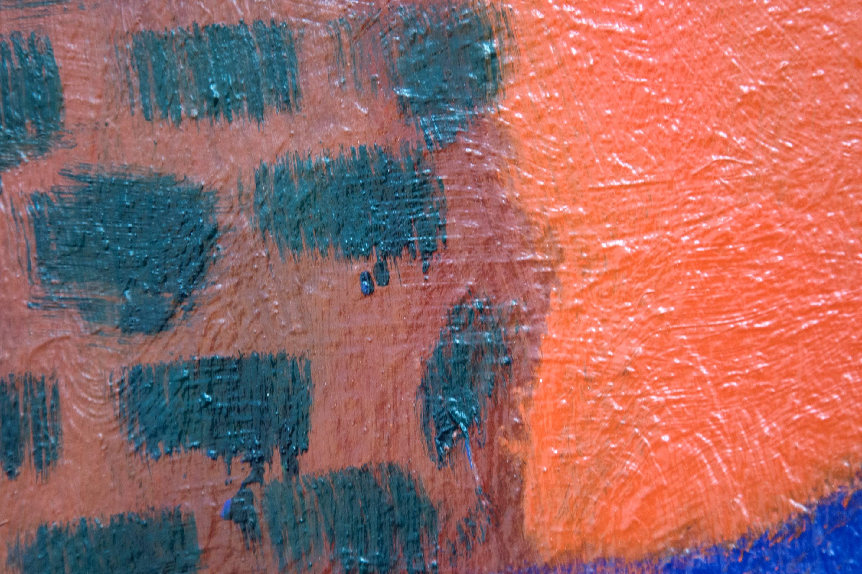 Blumen mit Violett und kleinen Quadraten - orange, blau, grün, Stillleben Öl (Schwarz), Still-Life Painting, von Jennifer Hornyak