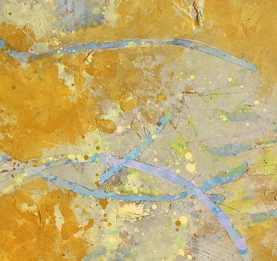 Many layers of soft blue, purple, green, and taupe are built up underneath a golden surface. Resembling line-drawing, Fox has applied and removed tape at various stages in the painting process.  

Abstract works by John Fox from the early 1970s to