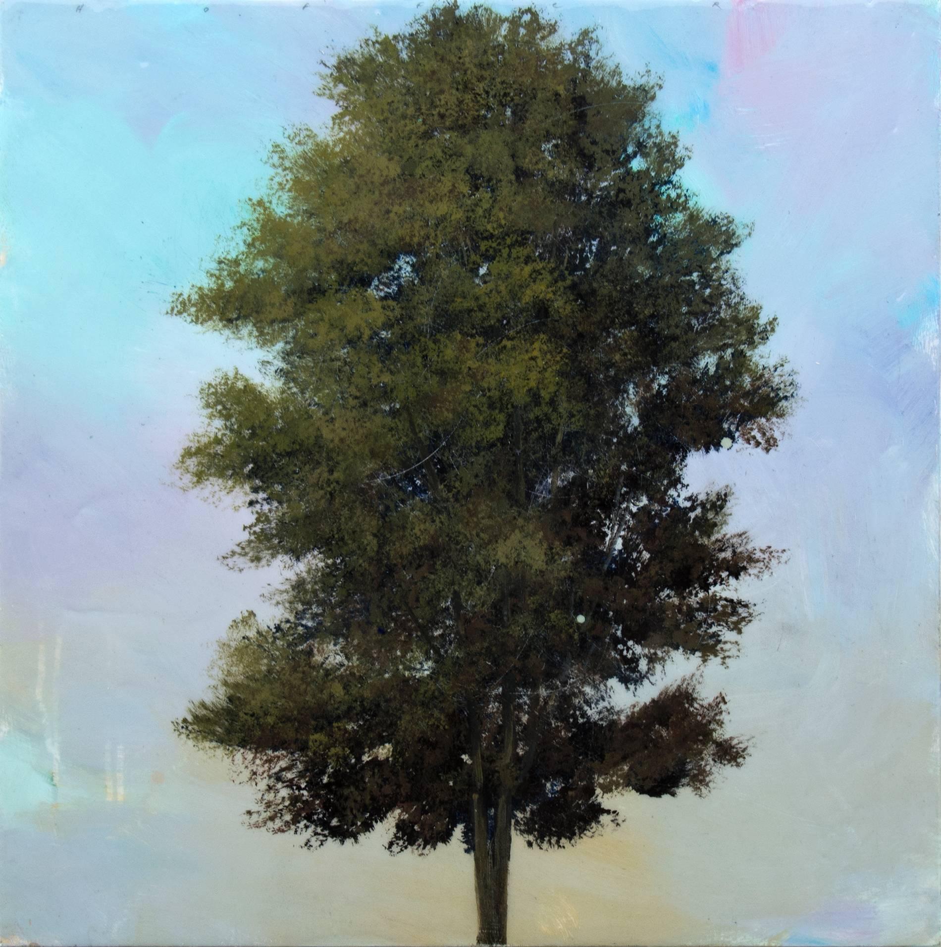 Peter Hoffer Landscape Painting - Erable No 2 - small, green, mauve, tree, impressionist, acrylic, resin on panel