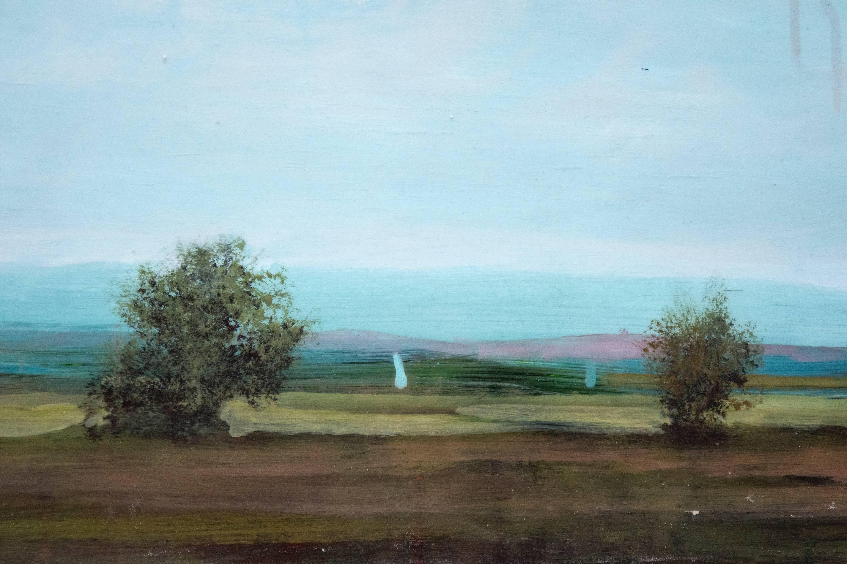View South - green, blue, violet, panoramic landscape, acrylic on board - Contemporary Painting by Peter Hoffer