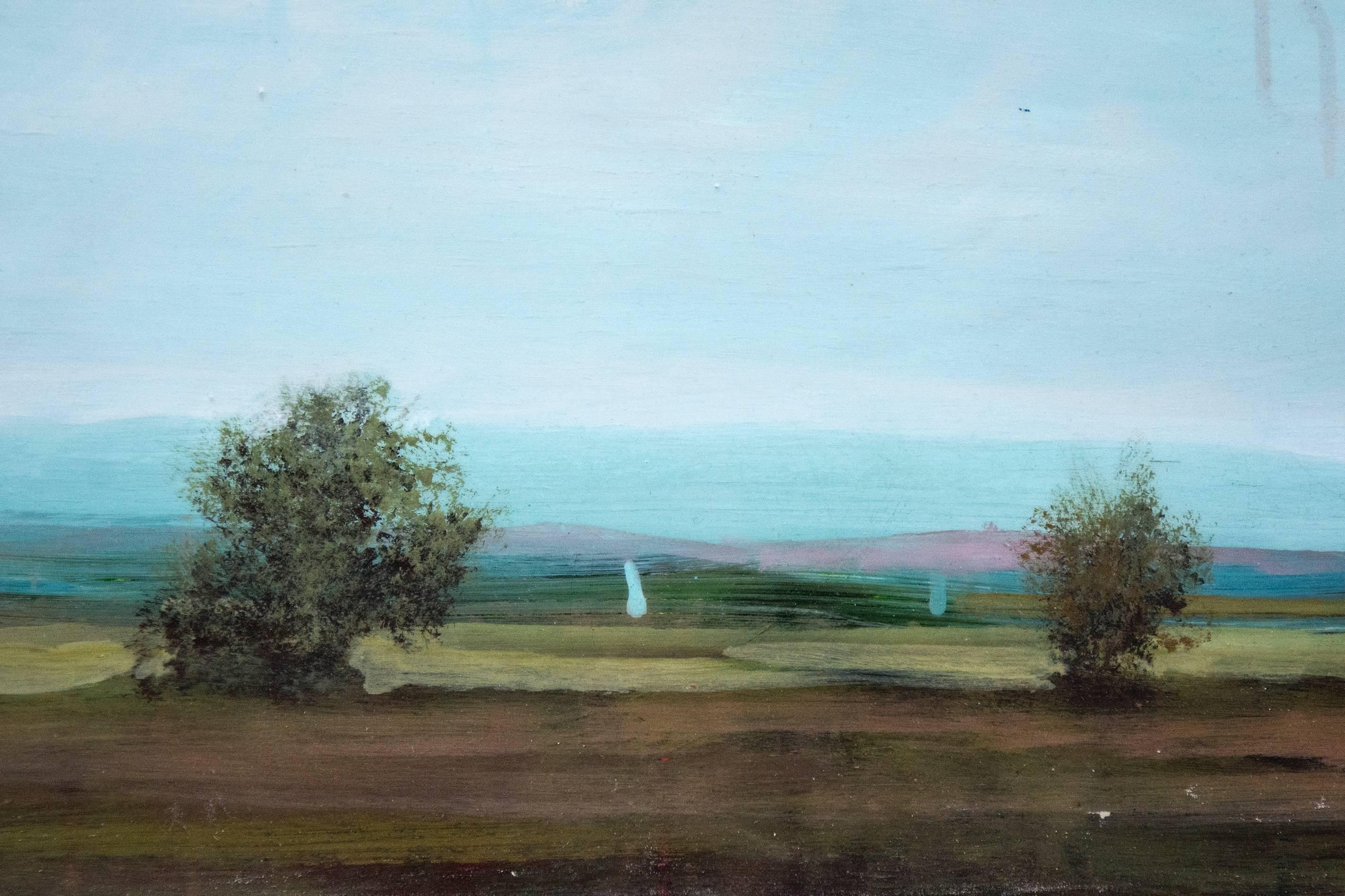 View South - grün, blau, violett, Panoramalandschaft, Acryl auf Karton (Blau), Landscape Painting, von Peter Hoffer