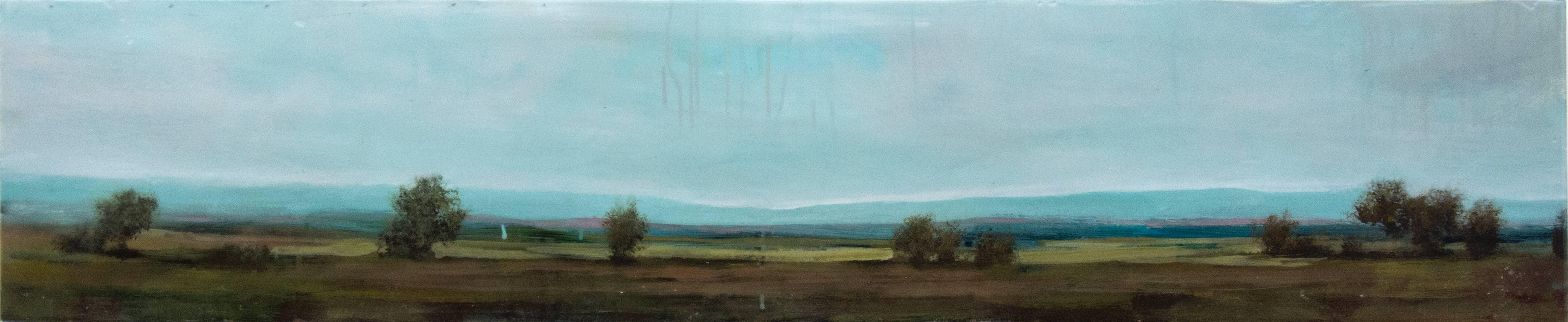 Peter Hoffer Landscape Painting - View South - green, blue, violet, panoramic landscape, acrylic on board