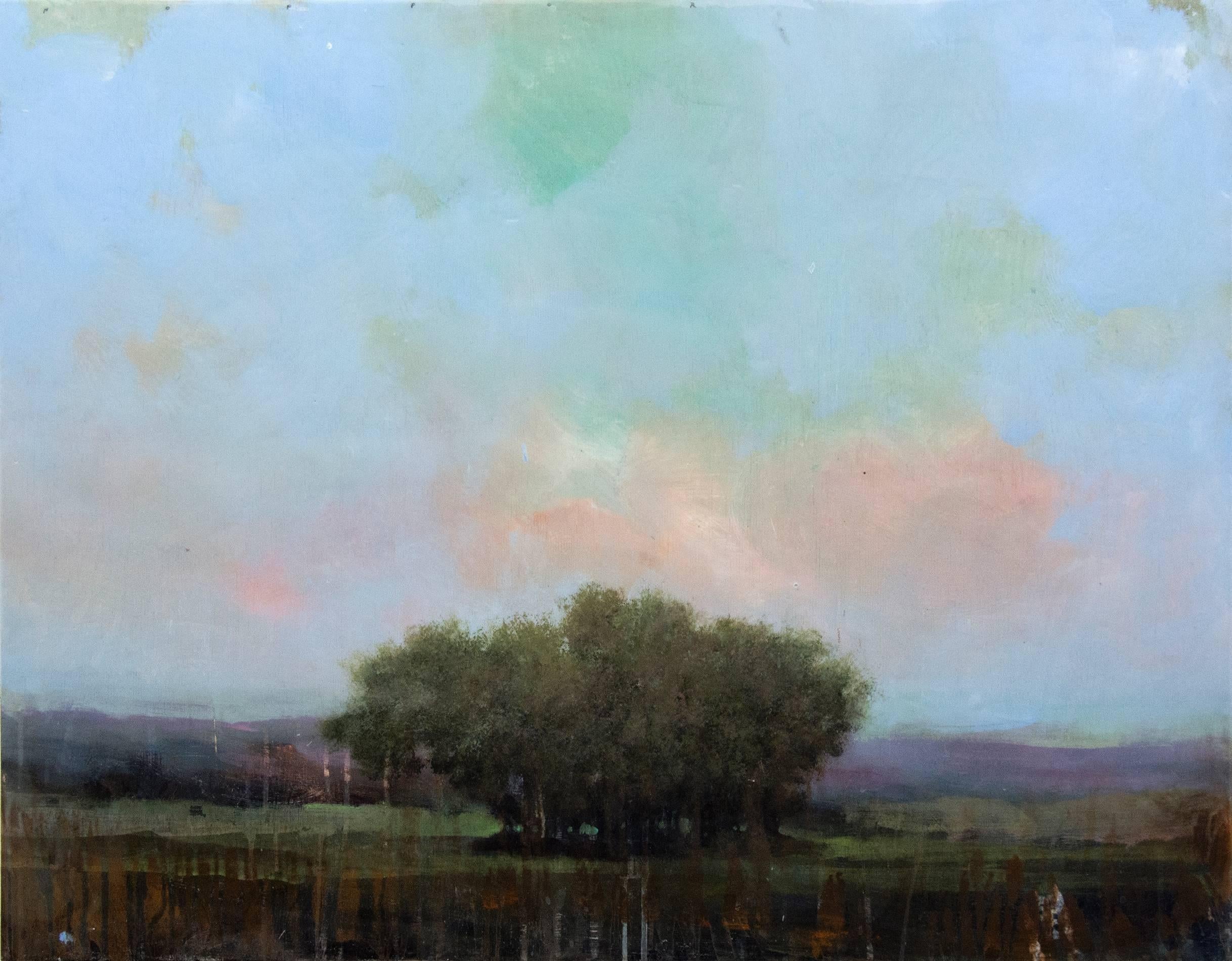 Waltz - green, pink, blue, trees, forest landscape, acrylic and resin on board - Painting by Peter Hoffer