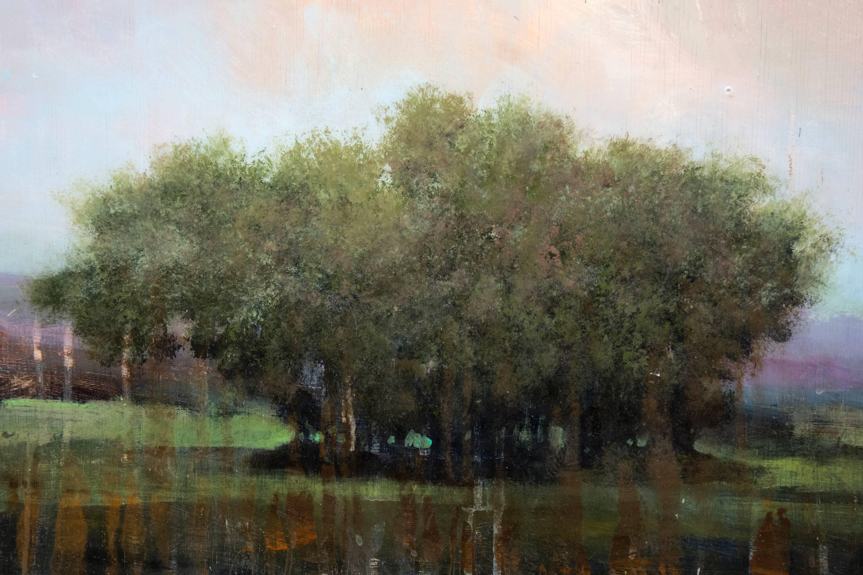 Waltz - green, pink, blue, trees, forest landscape, acrylic and resin on board - Contemporary Painting by Peter Hoffer
