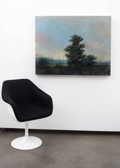 Young Cedar - green, pink, blue, trees, landscape, acrylic and resin on board