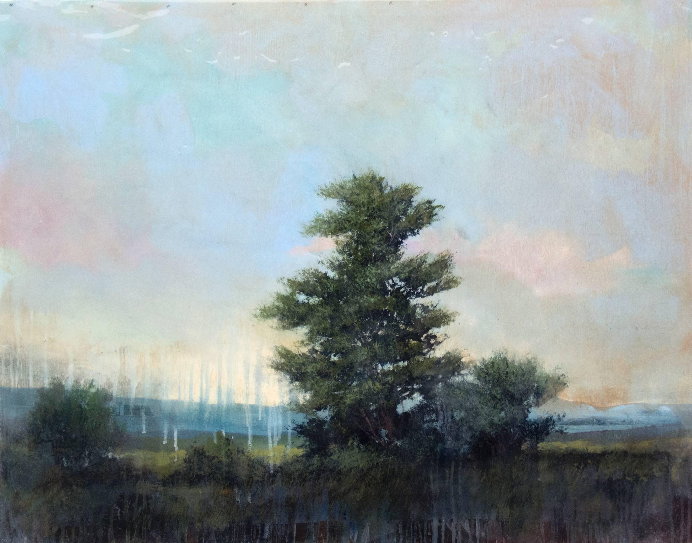 Young Cedar - green, pink, blue, trees, landscape, acrylic and resin on board - Painting by Peter Hoffer