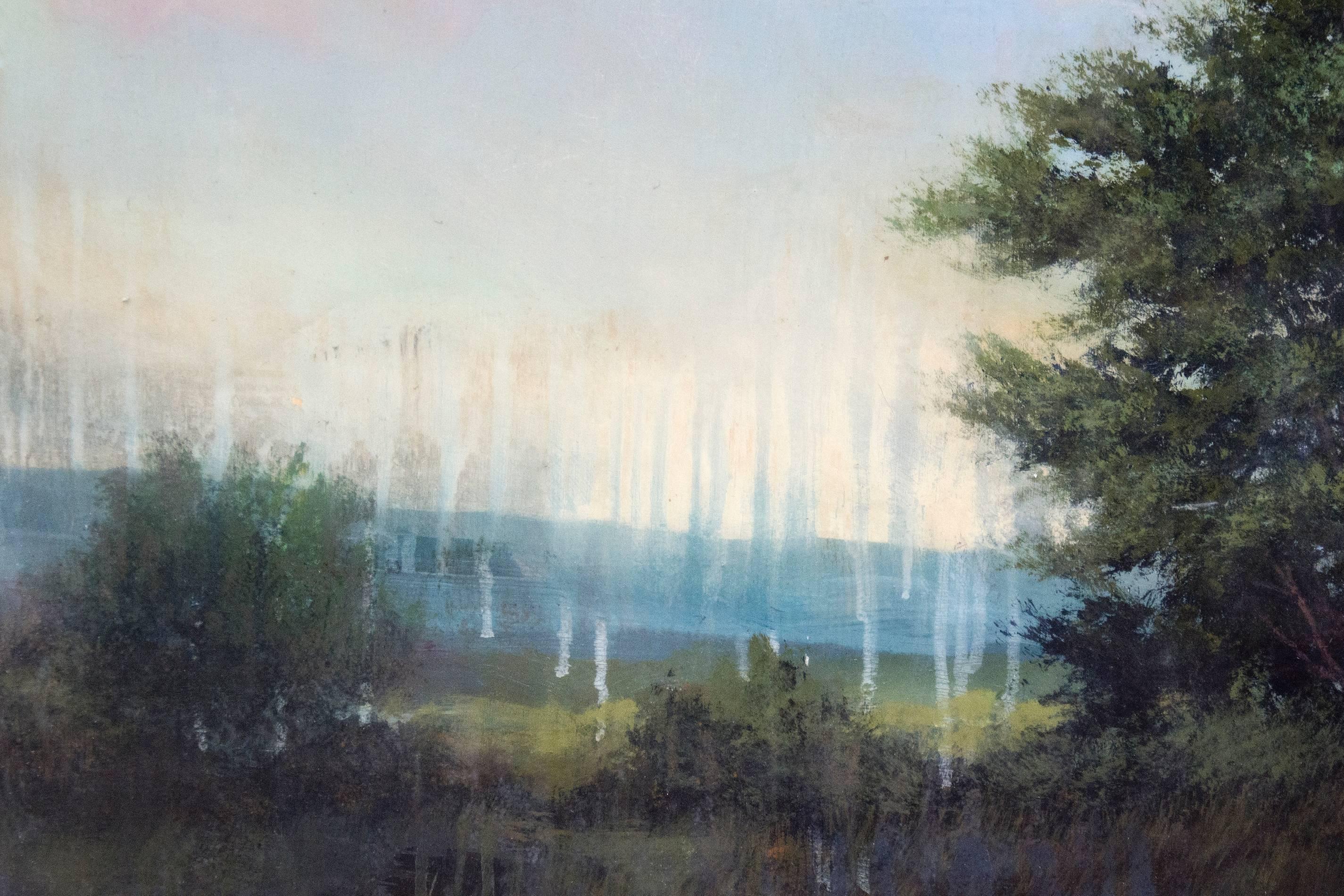 Young Cedar - green, pink, blue, trees, landscape, acrylic and resin on board - Contemporary Painting by Peter Hoffer