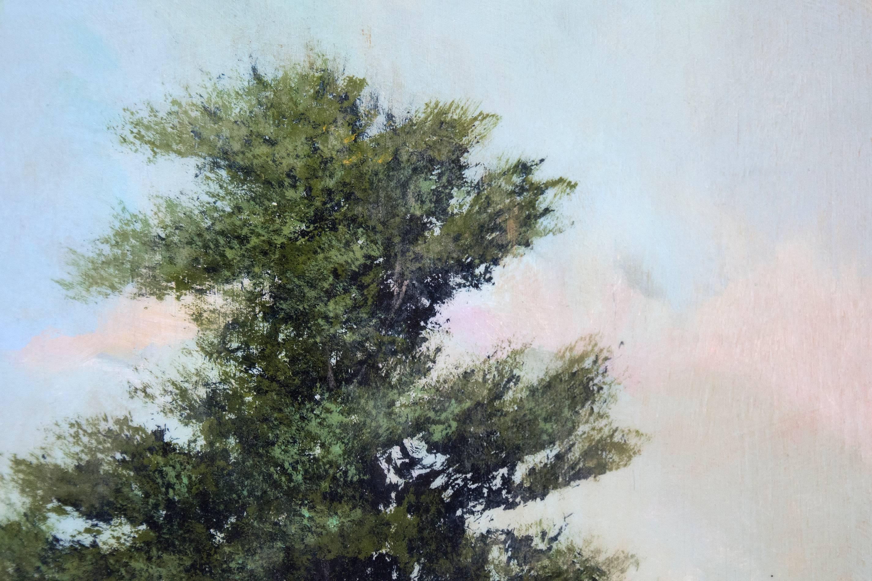 An iconic young cedar is set against the epic backdrop of a sweeping landscape with distant hills. Peter Hoffer's paintings evoke nostalgia for classical, romantic forms and periods. Here he seems to look to the expansive and romantic sublime in the