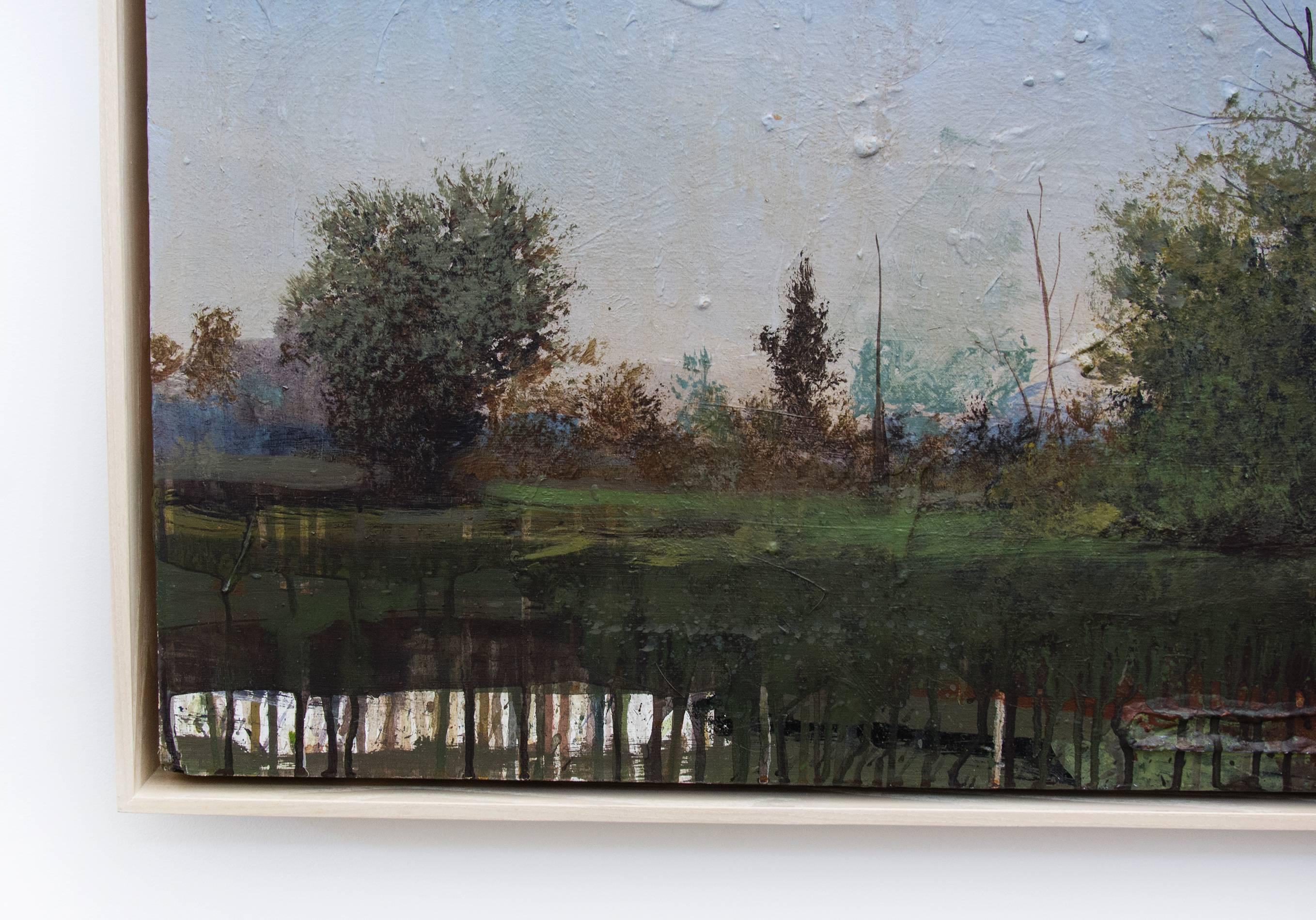 Tree Study at Dusk - paesaggio, alberi, contemporaneo, acrilico e resina su pannello - Landscape Painting Grigio di Peter Hoffer