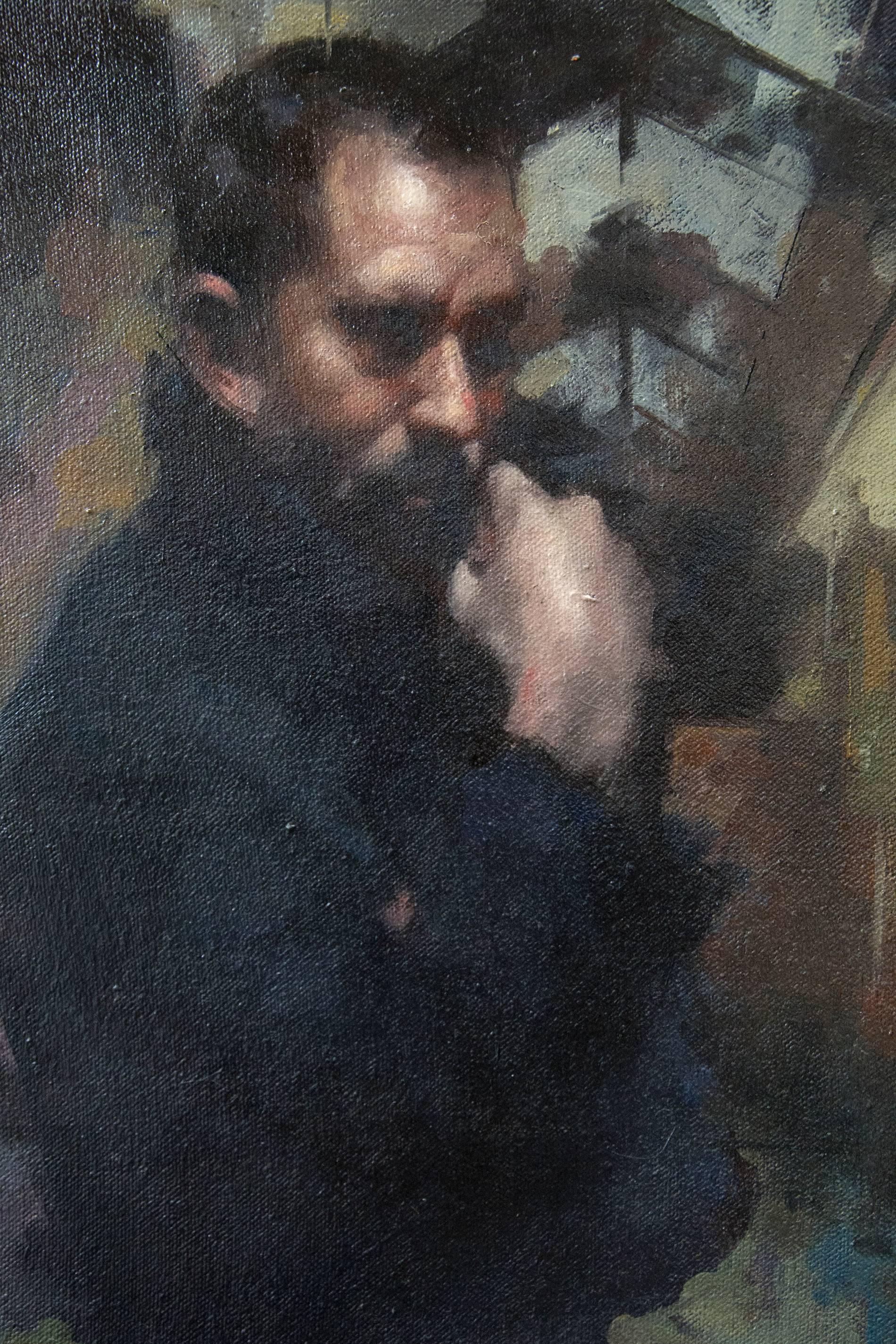 Stunning self portrait, rife with ambiguity. Exceptional use of architectural details, and classical use of light. 

(b.1968, Kingston, ON)  Well known for his sensitive and thoughtful portraits, this is an excellent example of Daniel Hughes'