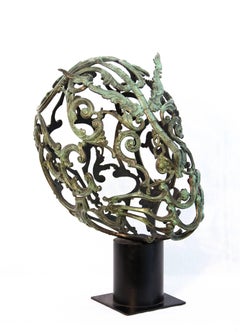 Green Samurai - patinated, rustic, baroque, figurative, bronze wall sculpture