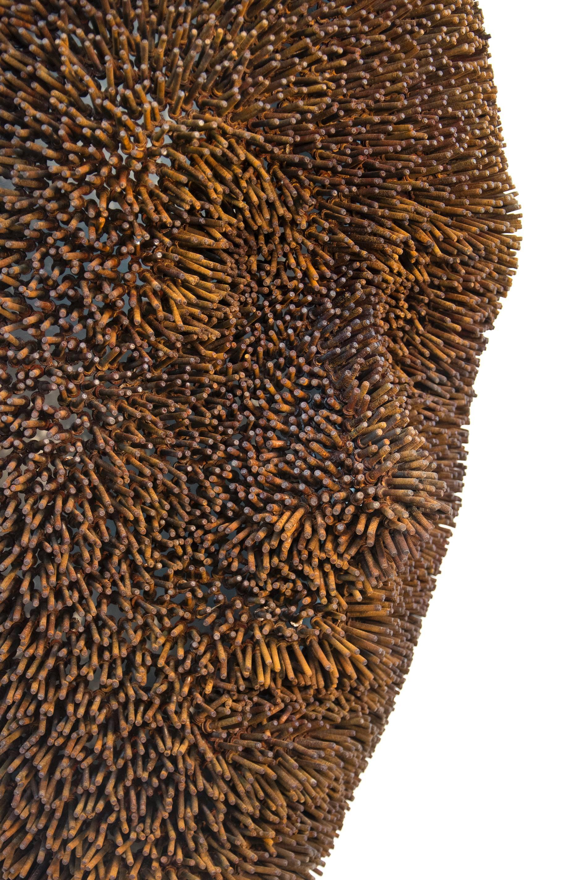 Mask, composed of hundreds of steel screws, welded together. 

Sculptor Dale Dunning holds a MFA (1971) from Cranbrook Academy of Art in Michigan. Dunning has exhibited across Canada and his work is held in a number of corporate and national
