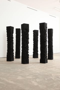 Heroes - tall, dark, geometric, monolithic, carved, abstract, wood sculpture
