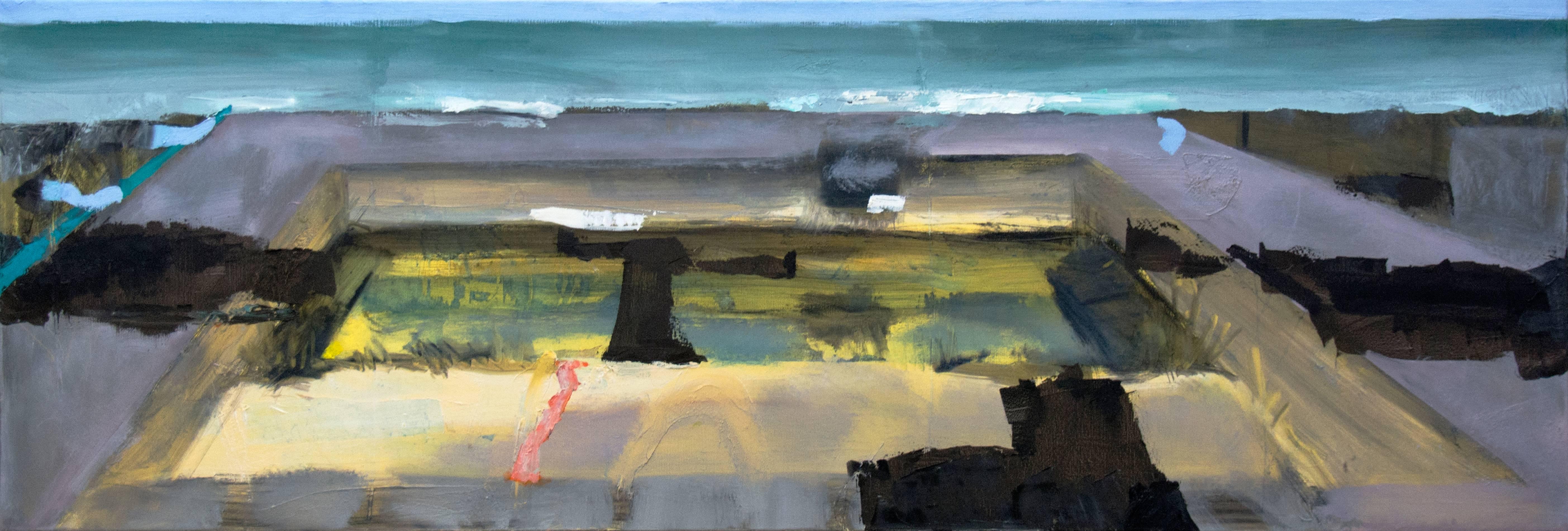 Simon Andrew Landscape Painting - Deserted Pool - abstracted landscape with soft blues, lavender, green and yellow