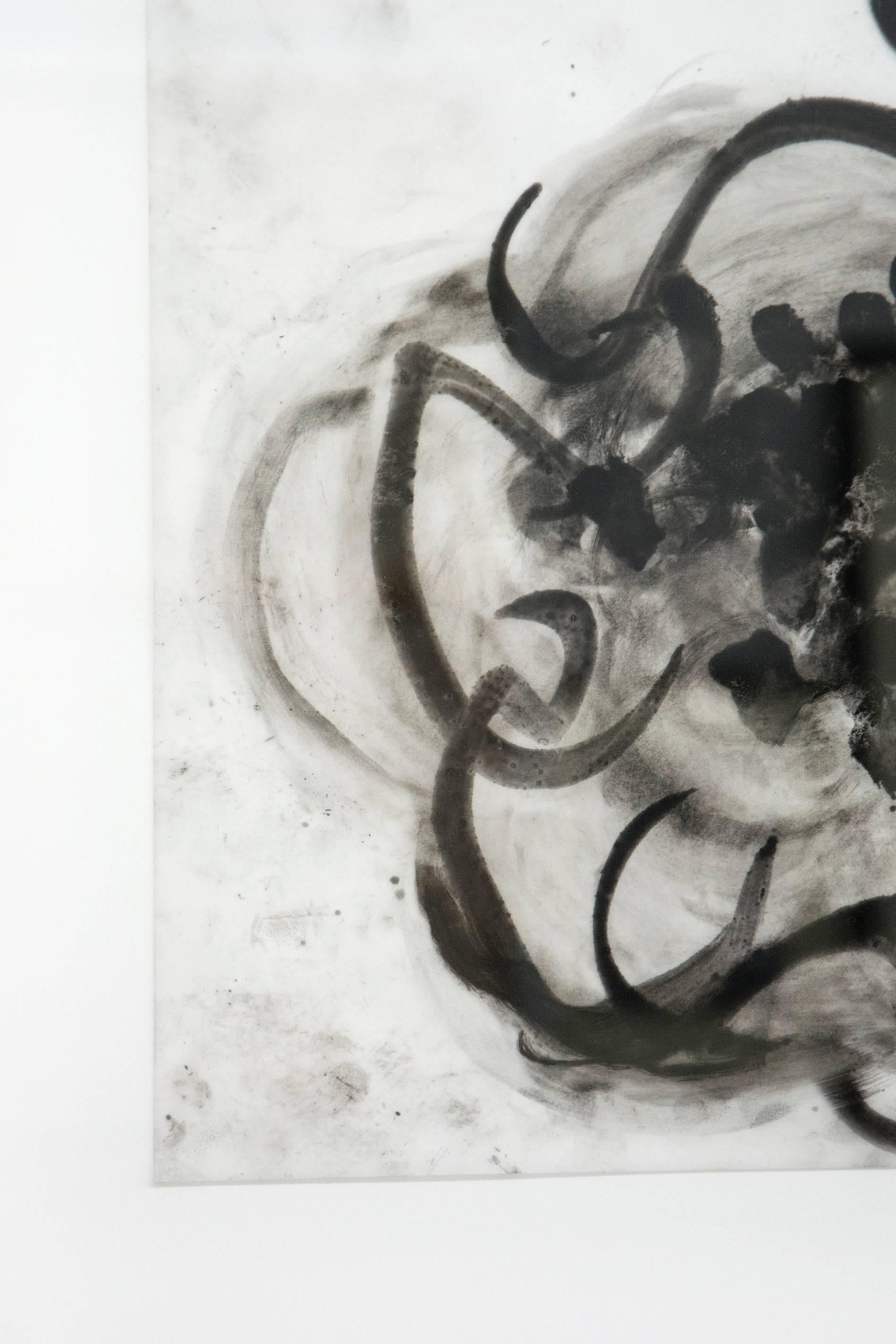 A gestural black pastel drawing on white vellum ground, capturing the essence and energy of the dancer kicking her heels in the air. 

“These drawings reflect a contemporary, post-feminist ambivalence toward fashion, critiquing the garment