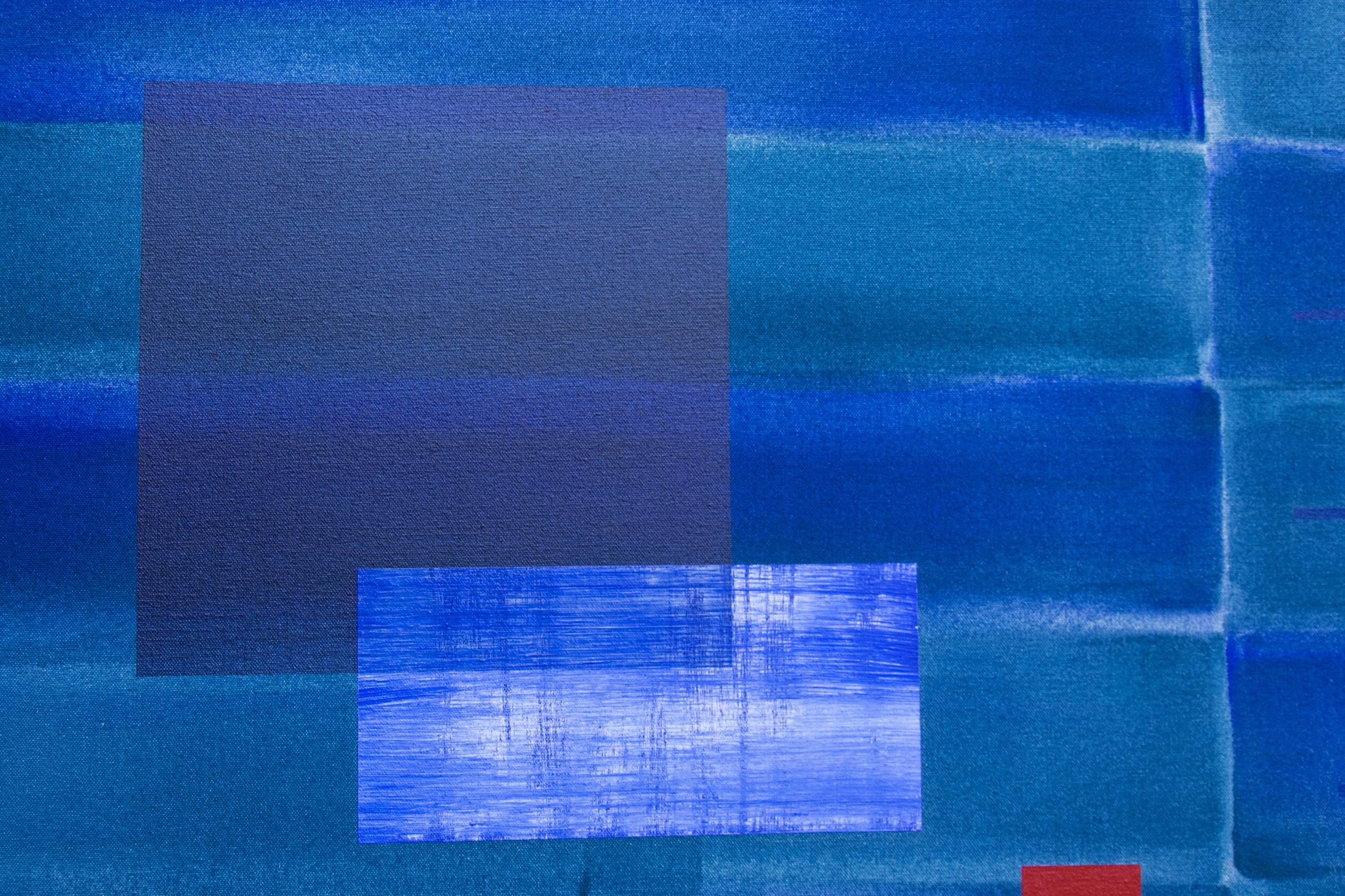 Curated orthogonal shapes of blue, yellow and red next to a drawn grid float on a ground of washed blue bars. This acrylic painting on canvas is exemplary of Ristvedt’s sustained interest in cerebral and minimalist explorations of color and gestural