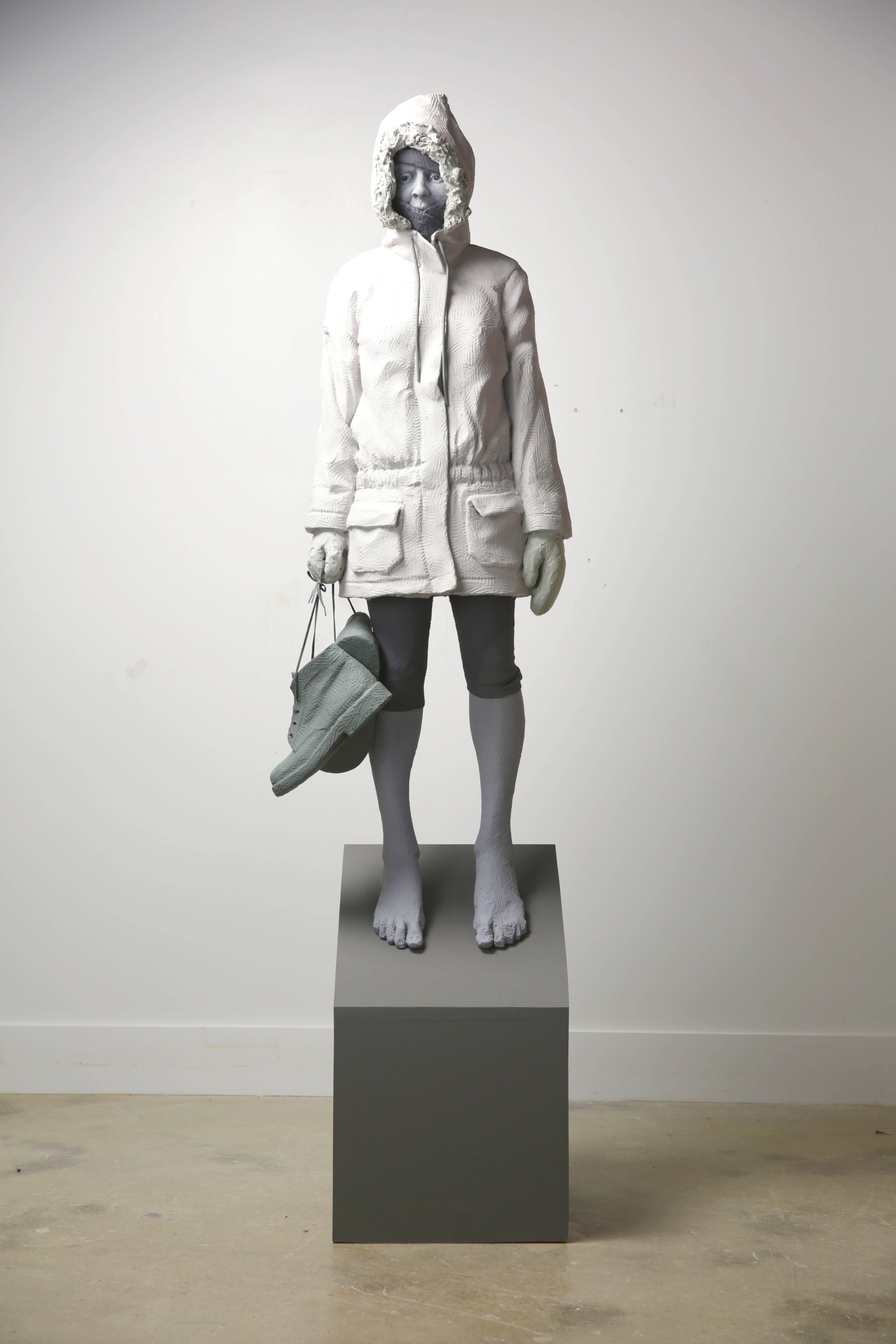 Nicholas Crombach Figurative Sculpture - Pending Ice 2 of 3 - tall, figurative, female, greyscale, resin sculpture