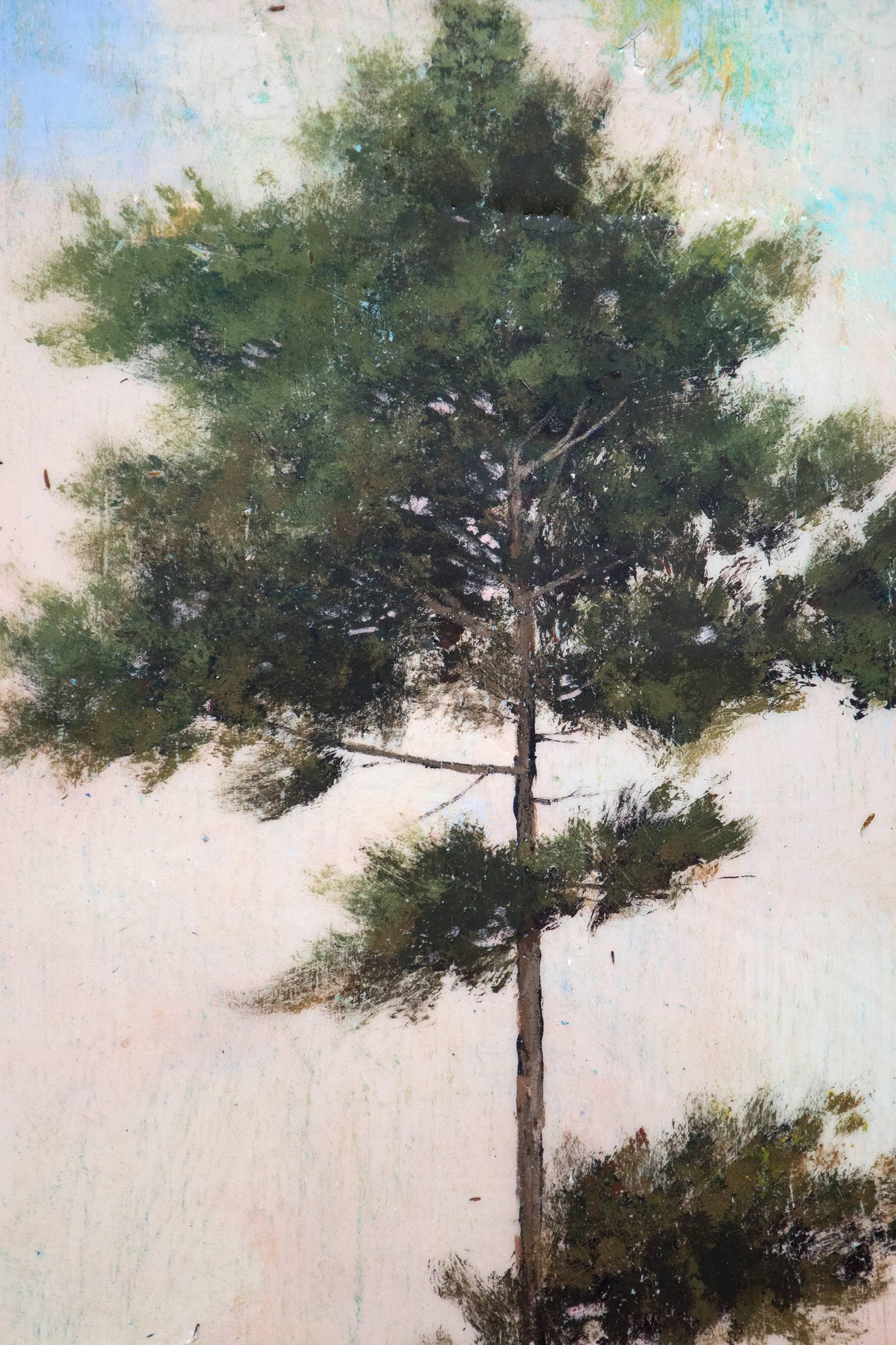 Painting of a tree, floating in a deconstructed space of pastel color and light. The surface of 'Untitled (Violet Ground)' has become part of the work, revealing the natural texture of wood grain. 

Peter Hoffer’s landscapes have one foot in classic