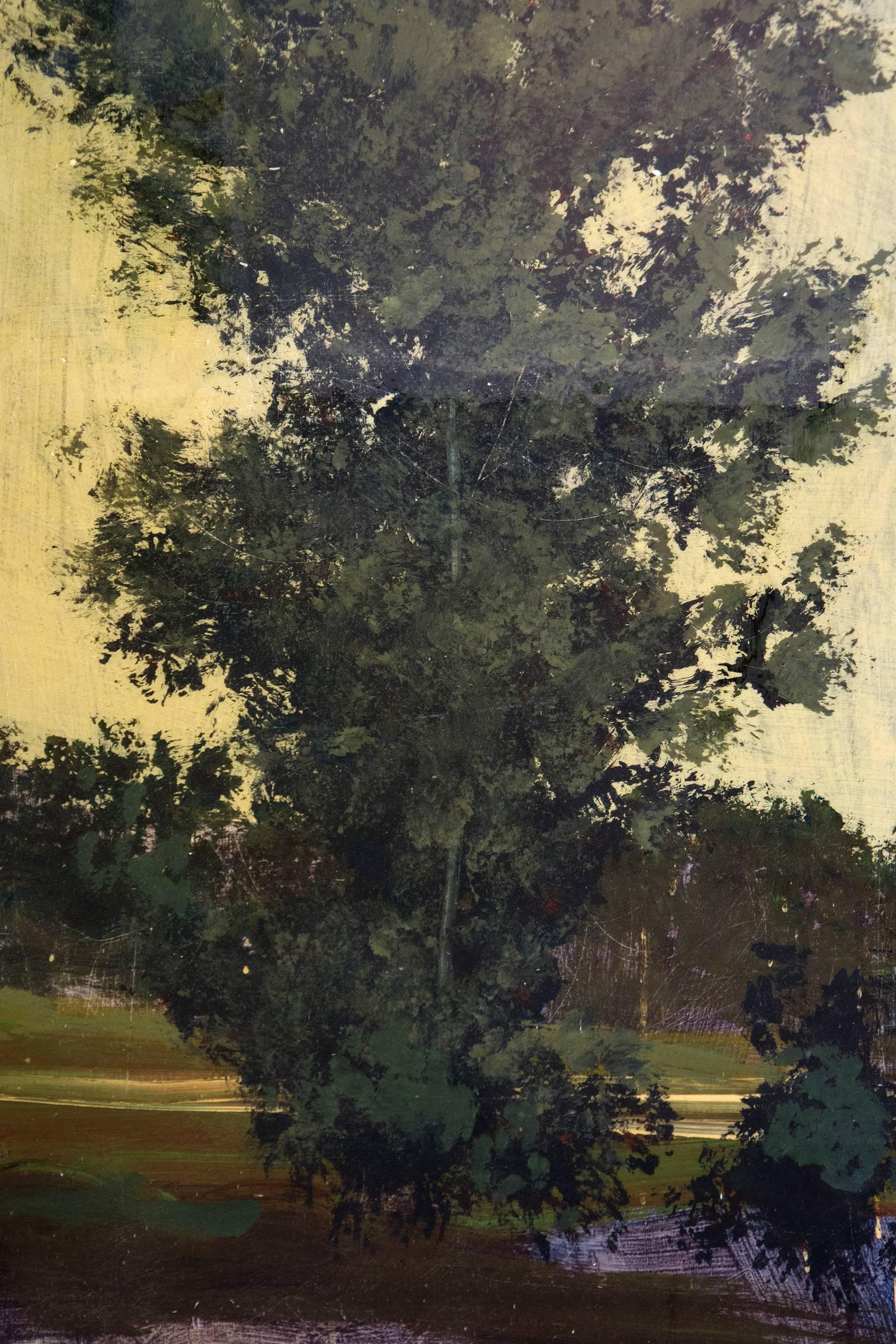 This tall painting of a majestic cedar appears to be of both past and present. Romantically styled like a master, in fact an homage to Eugene Delacroix, the work is finished with a contemporary resin surface.

Peter Hoffer’s landscapes have one foot
