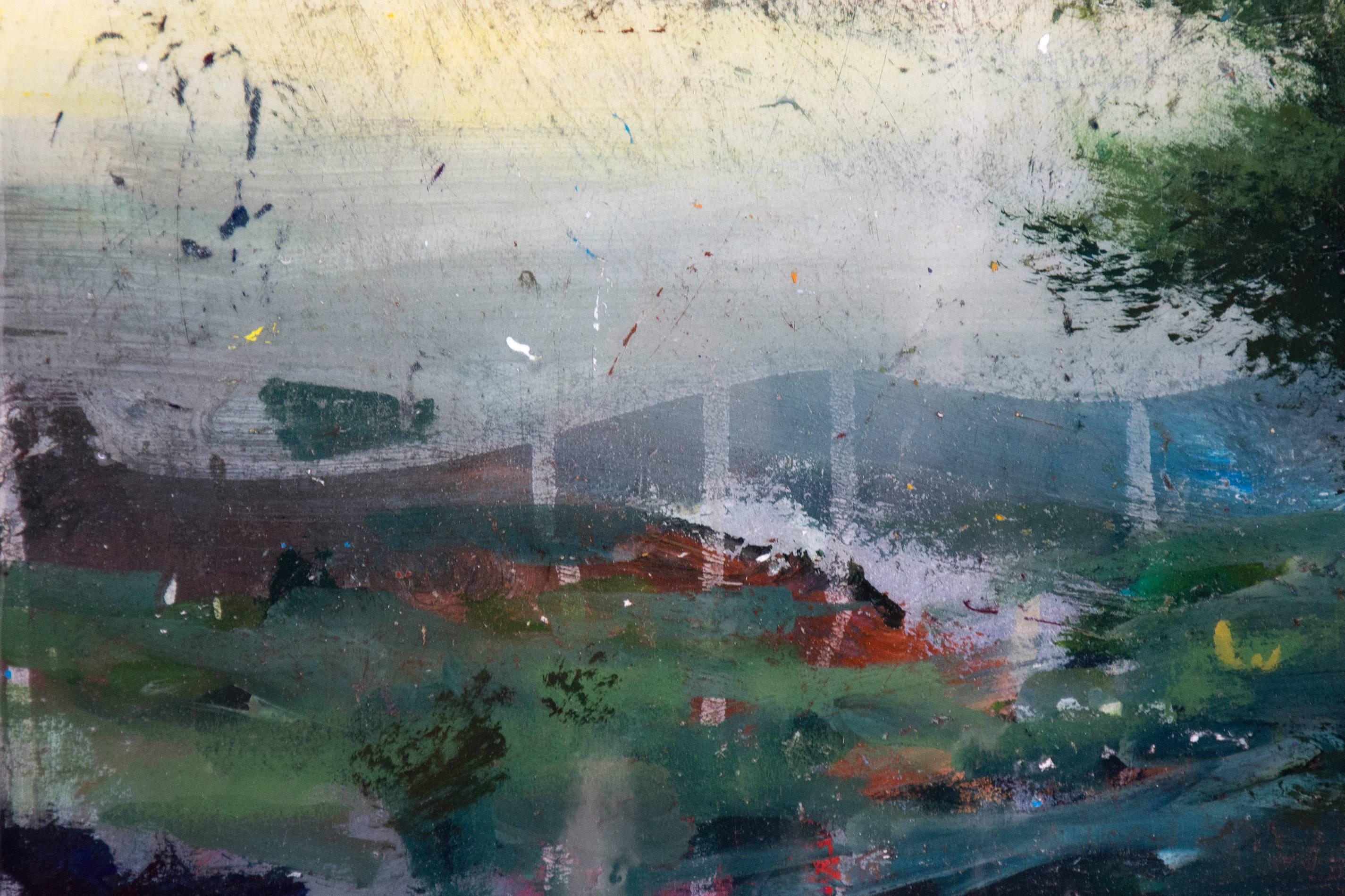 Peach Sky - giallo, blu, rosa, paesaggio, contemporaneo, acrilico, resina su tavola - Painting Contemporaneo di Peter Hoffer