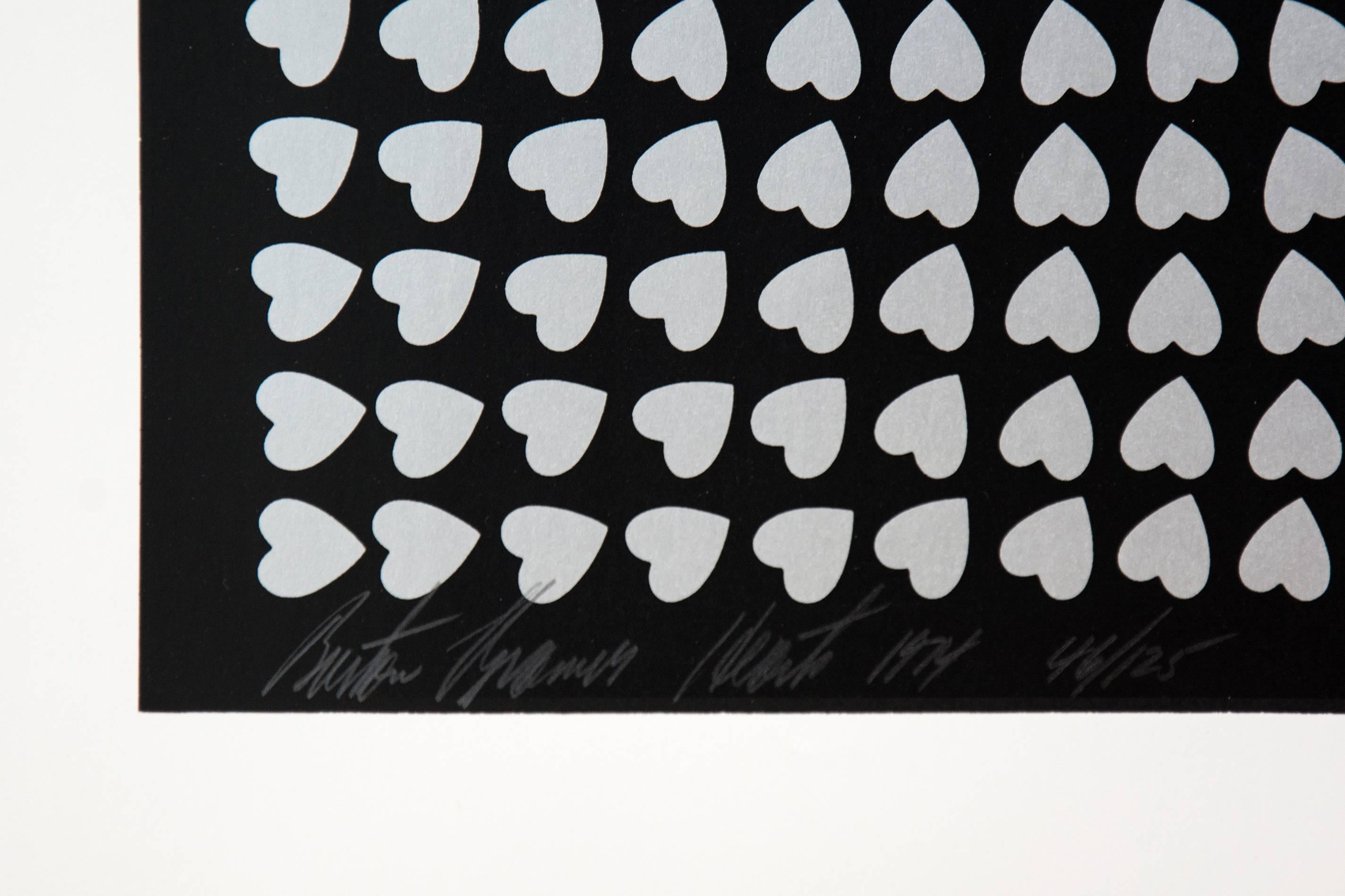 Silver Hearts 35/125 senza cornice - serigrafia con motivi geometrici e giocosi - Abstract Print Nero di Burton Kramer