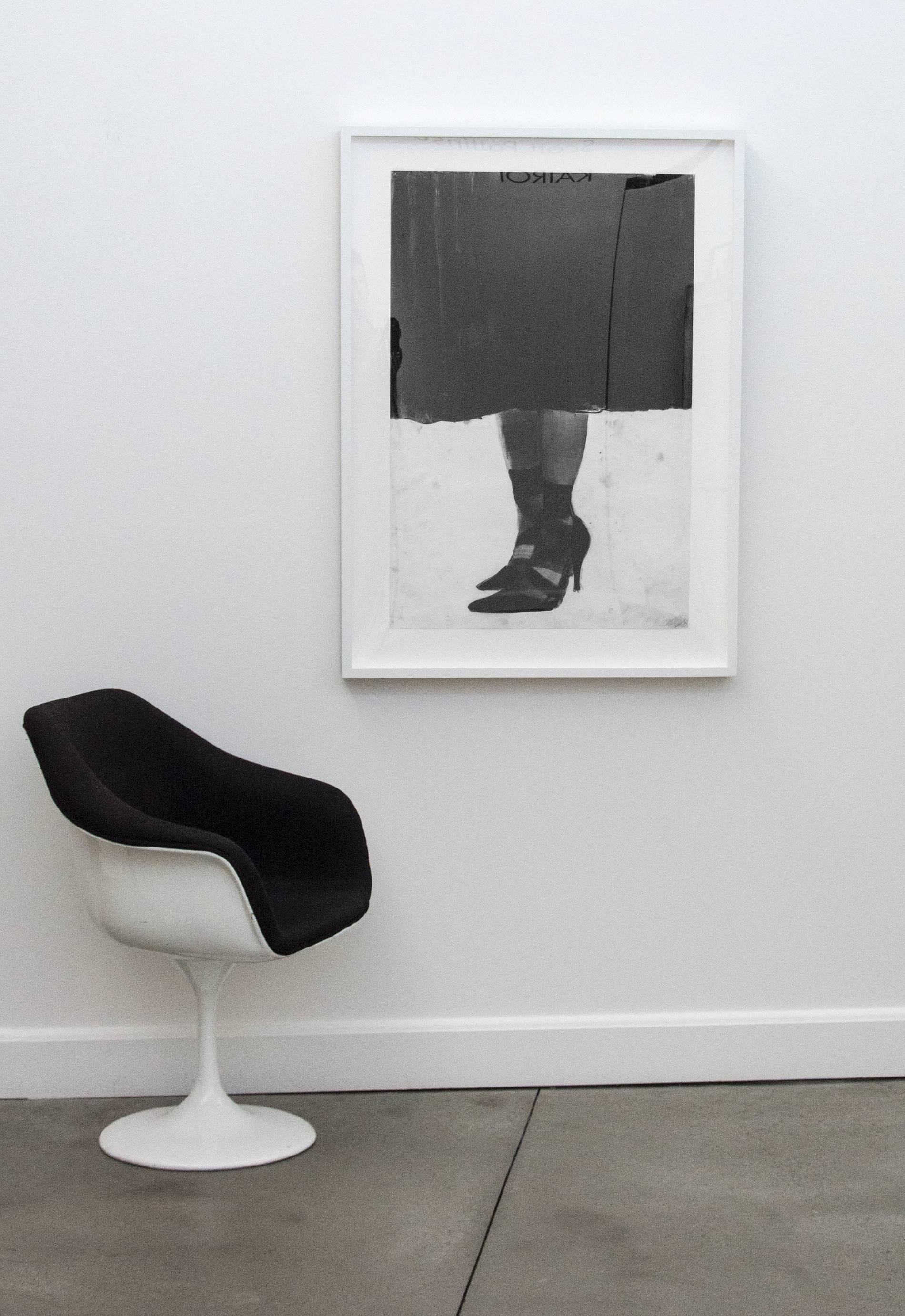 This work - a woman's legs and feet showing below the changing room curtain - continues Daley's exploration of ideas of fashion and form. The work is on vellum, and floats within the frame. 

“These drawings reflect a contemporary, post-feminist