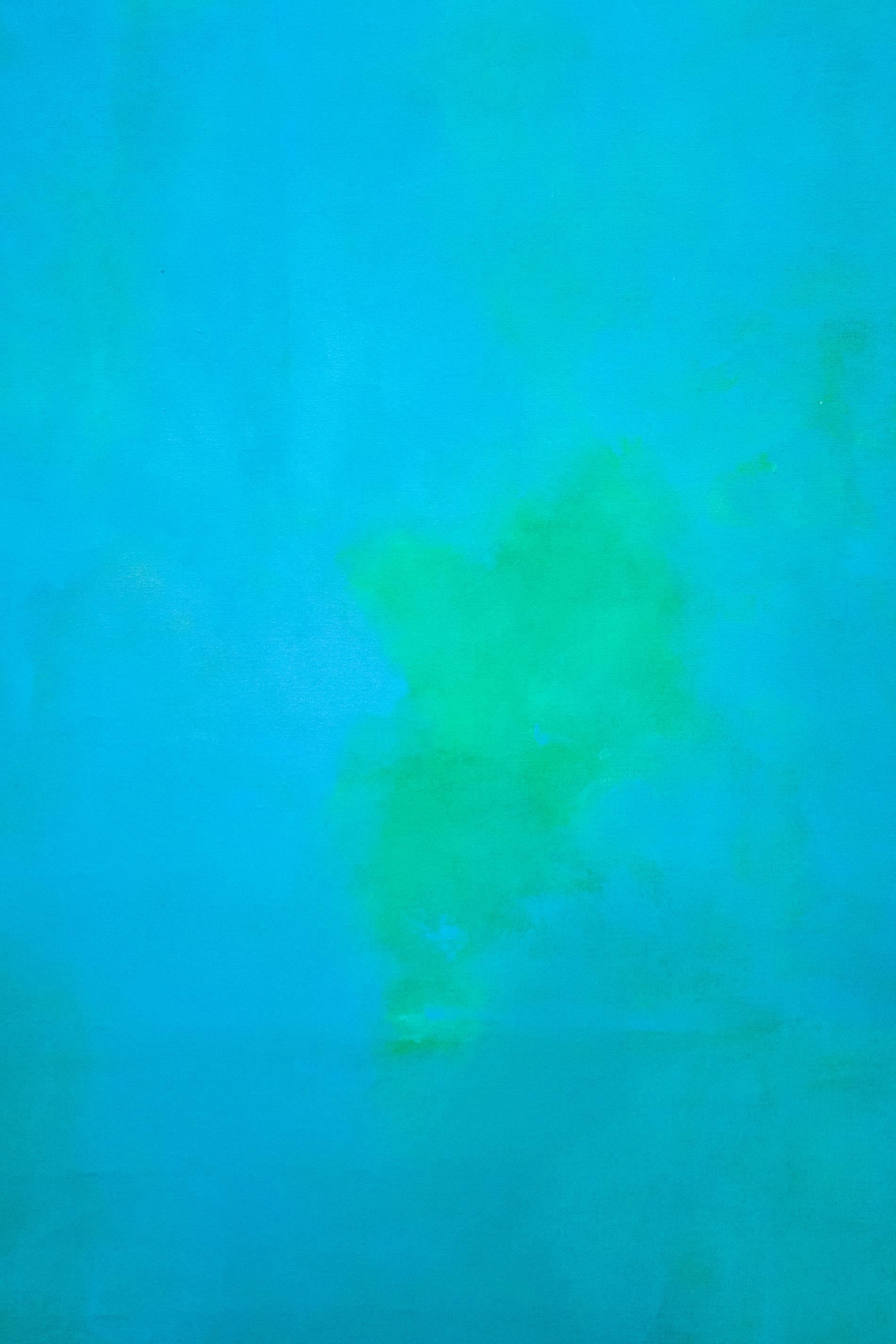 A flood of cerulean blue is directed by passages of moss green, turquoise, lime and a strip of brilliant yellow in this large acrylic canvas. The colors merge and move in a gentle eddy through this abstract composition revealing the subject of the