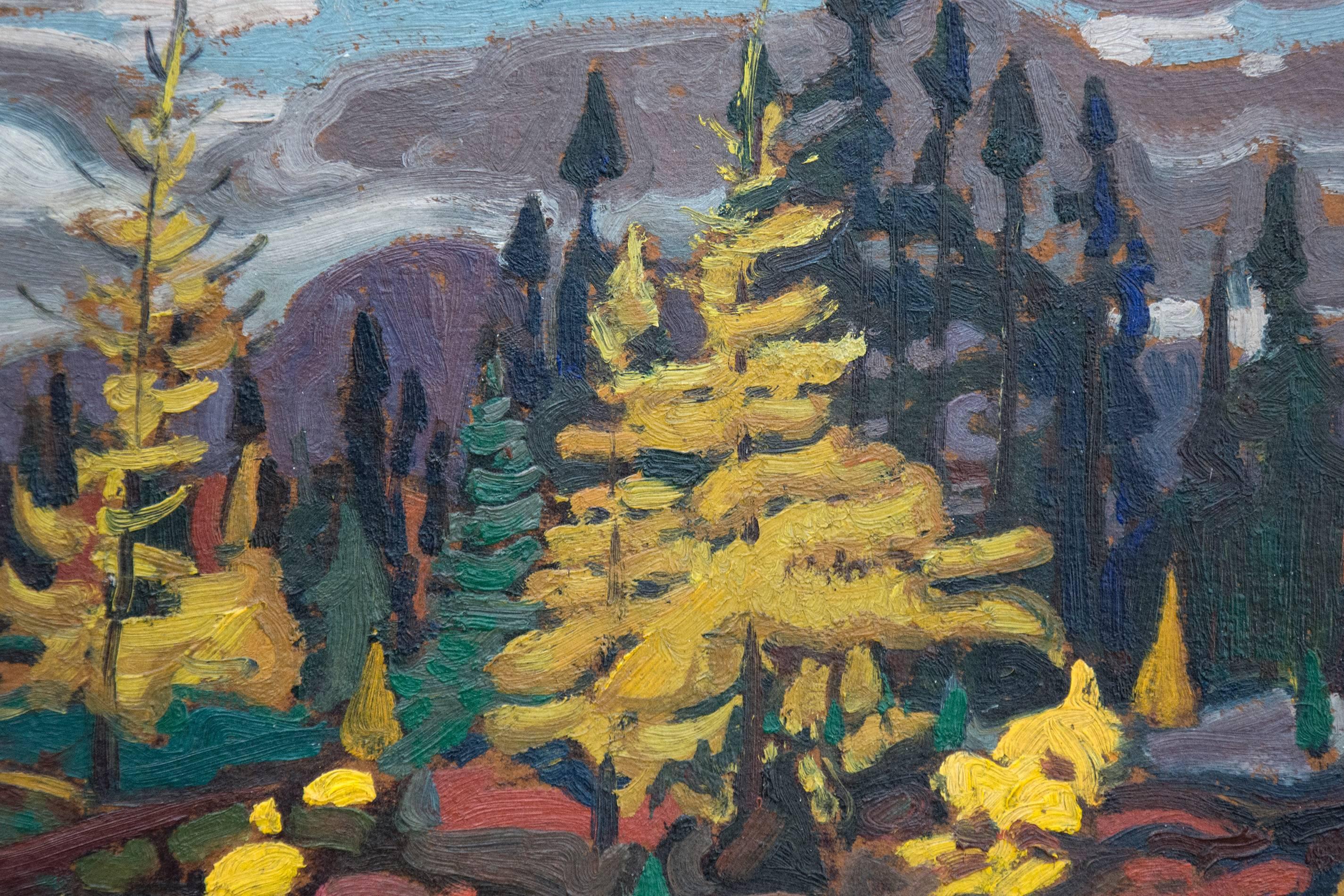 An excellent example of Lismer's work - this 1927 sketch, painted on the shores of Lake Superior. The colors of fall are in the background, and in the foreground the prominent yellow spruce - frequently used as a symbol of spirituality and
