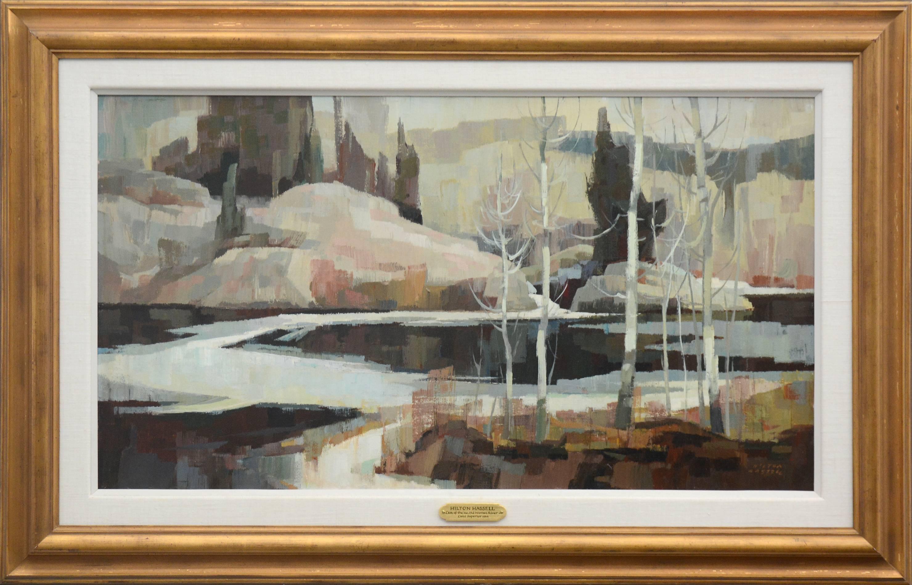 This winter landscape is painted in tones fitting for the season: cool tones of charcoal grey, steel blue and moss green are complimented by warmer hues of pale pink, rust orange and cream. 

Born in Lachine, Quebec, Hilton MacDonald Hassell (1910