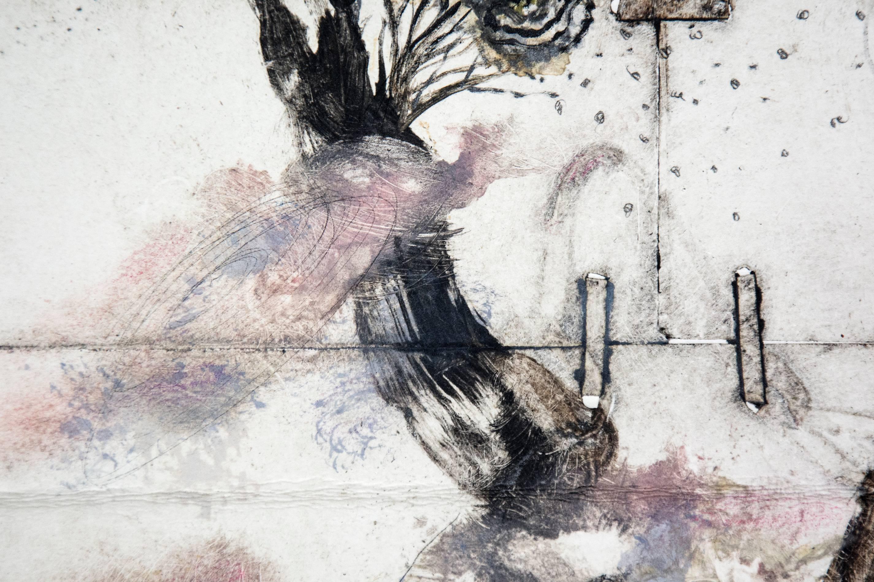 Delicadas ramas, raíces y nubes a la deriva en suaves ocres, blancos, grises y negros forman una juguetona narración cartográfica en esta singular imagen impresa. 

Este monoprint comenzó con imágenes talladas en láminas de cobre cosidas con aguja