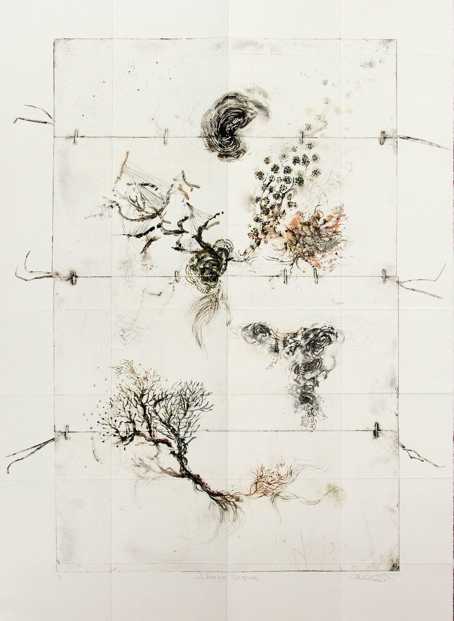 Susan Collett Abstract Print - Lineage Mapping Sequel - delicate, copper, oil ink, monoprint on archival paper