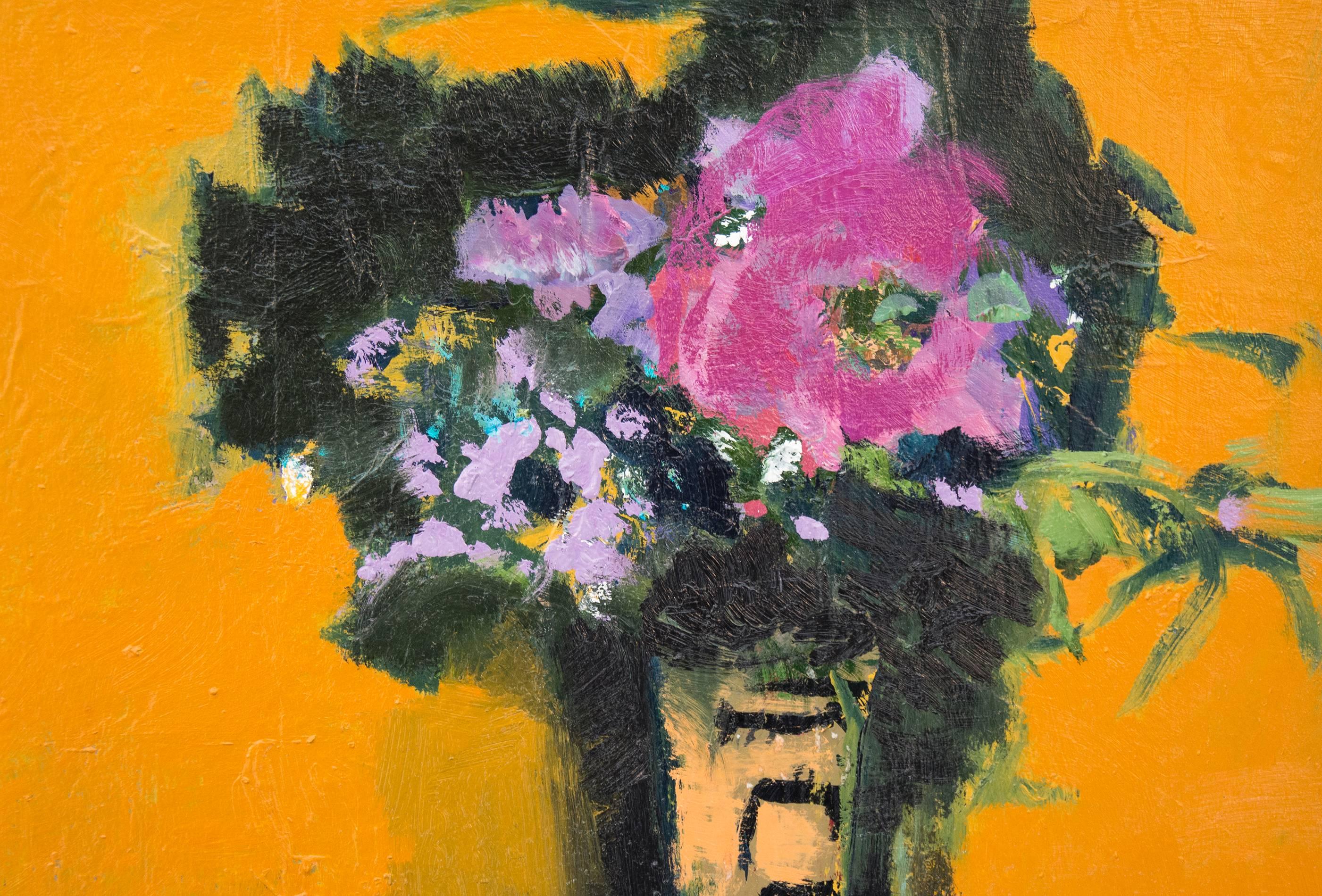 In expressive brushwork, flowers of mauve and yellow with a single large pink rose in a tall vase are framed by deep forest green that vibrates on a ground of tuscan yellow. Pink petals and turquoise taches on the table complete the perfectly square