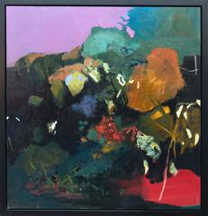 Bronze Leaves with Black and Red - large green, mauve, brown abstract oil