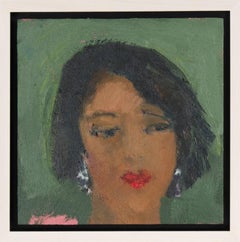 Red Lips - small, intimate, green, pink, female figurative oil painting