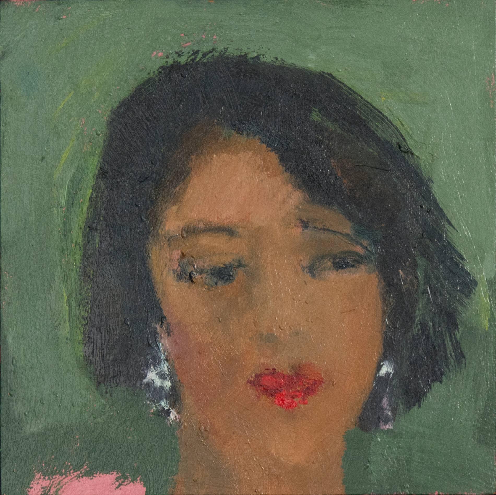 Red Lips - small, intimate, green, pink, female figurative oil painting - Painting by Jennifer Hornyak