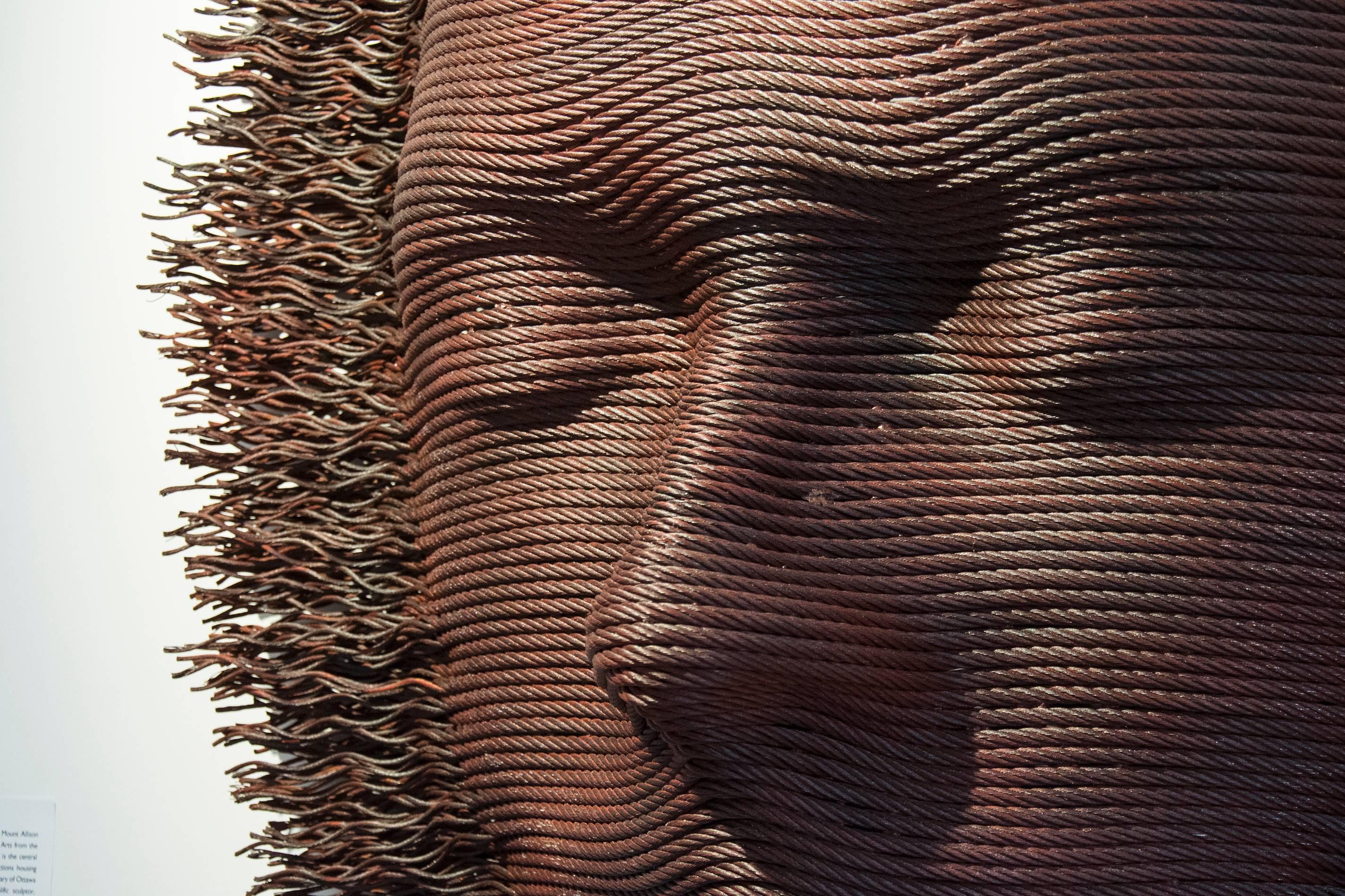 Wall hanging sculpture, created using steel cable. It is finished with a rich patina.

Sculptor Dale Dunning’s skilled craftsmanship never overshadows the story he wants to tell. Often he presents new ways of looking at the human face – sometimes