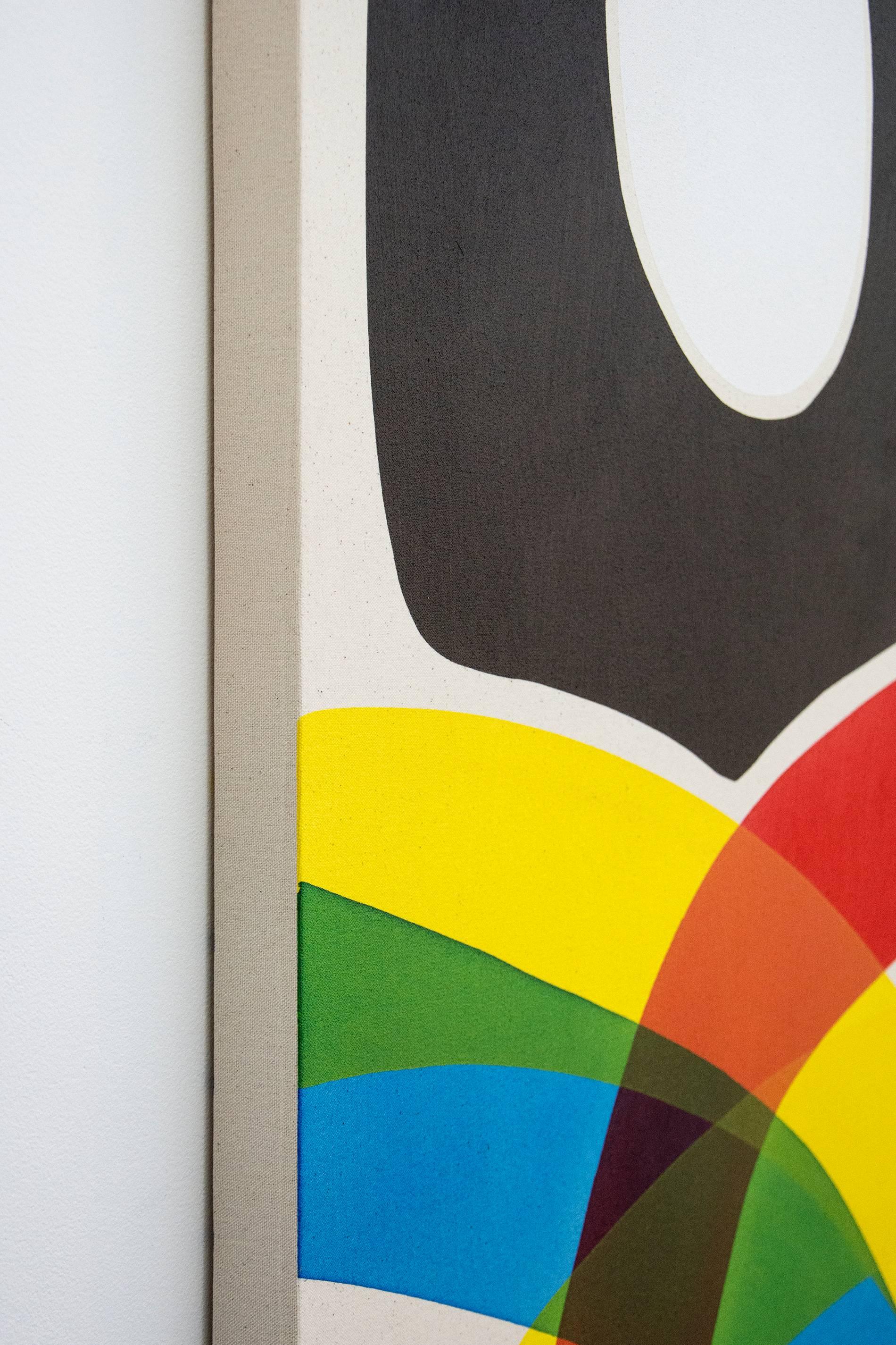 Aron Hill enjoys playing with bold colour and simple form. This abstract composition by the Calgary artist features a white oval ringed in black above a rainbow of colour—arched bands of red, yellow and blue that become green, orange and purple when