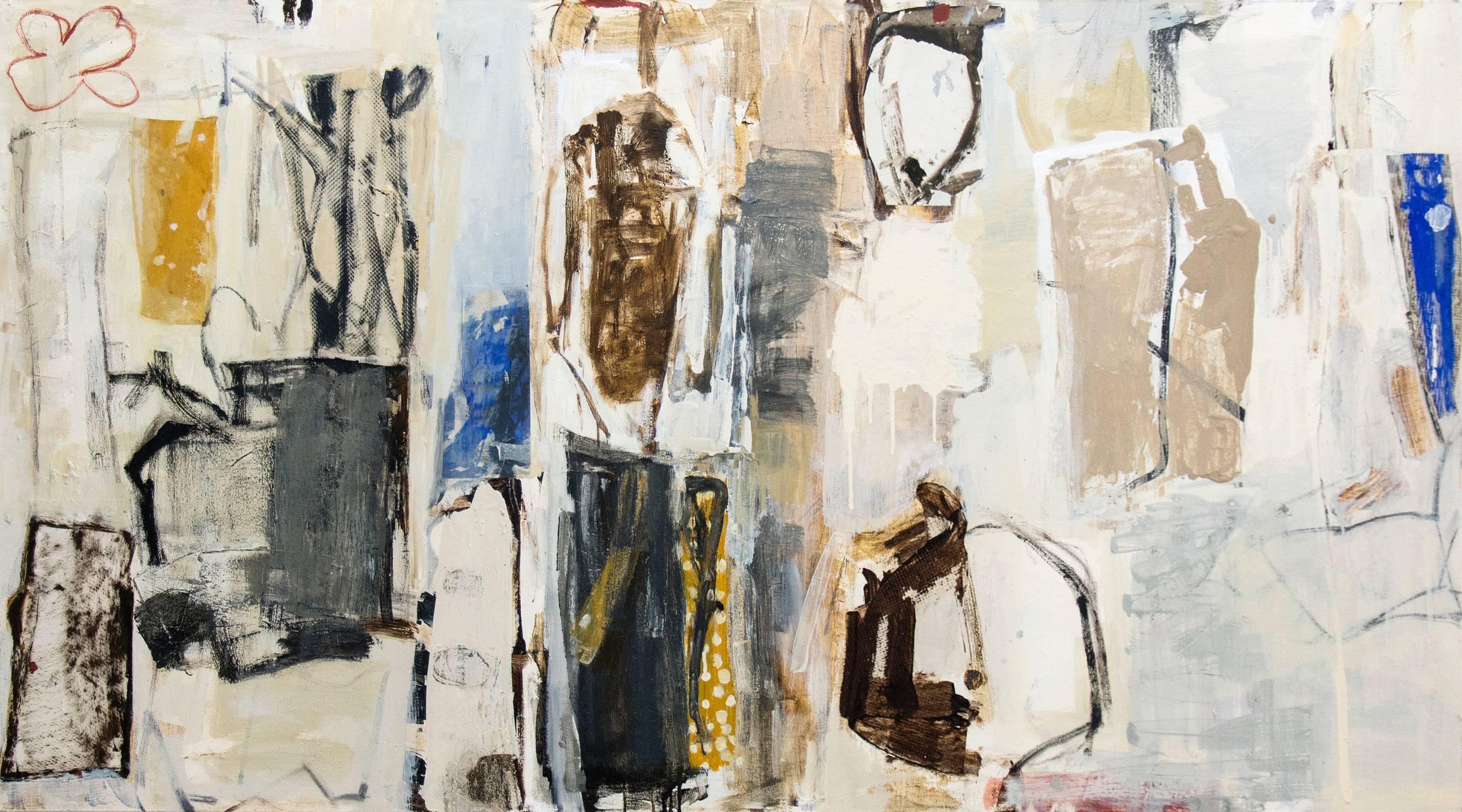 Shireen Kamran Abstract Painting - Wanderings No 30 - blue, white, yellow, abstract , mixed media, acrylic on panel